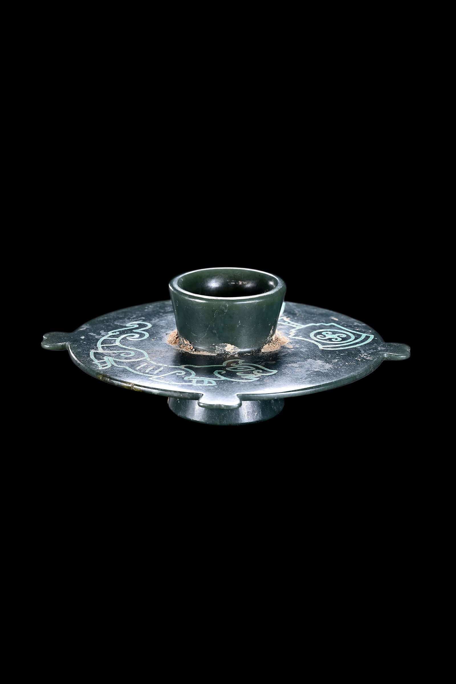 A Dark Green Jade Stem Cup Stand with Turquoise Inlay, Warring States, Circa 475?C221 C BC Pr. (1 of 8)