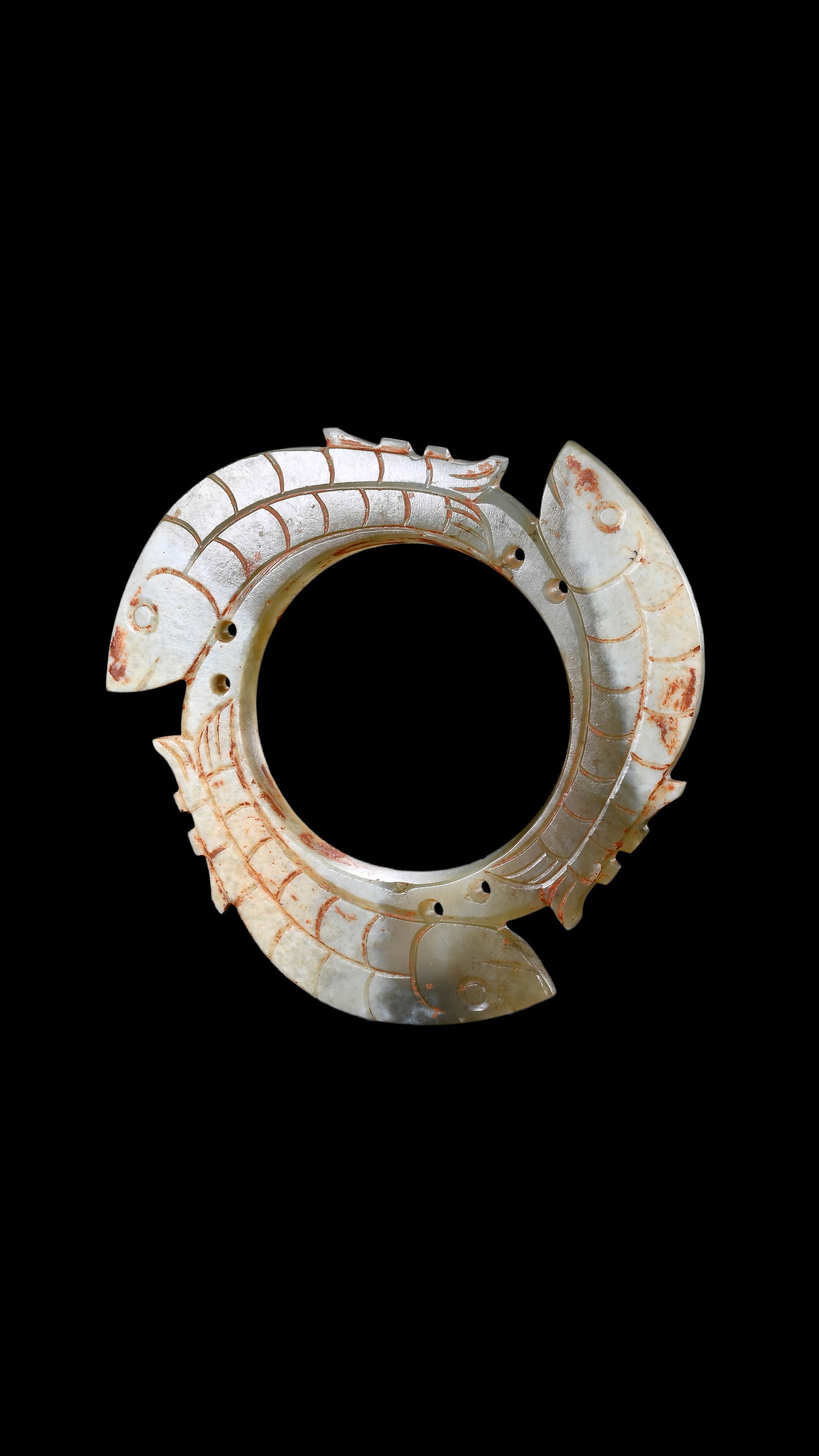 A Pale Jade Dragon-Ring Pendant with Red Pigment Traces, Han, Circa 2nd C BC?C2nd C AD Pr.: Size:(Width8.6cm) Shipping:EU\HK\USA Ondoor shipping estimation:75EUR Condition:(Good Condition, No Repairment Checked by UV&Strong Light, Age Traces) Terms:(It is the Buyer's responsibility to inspec