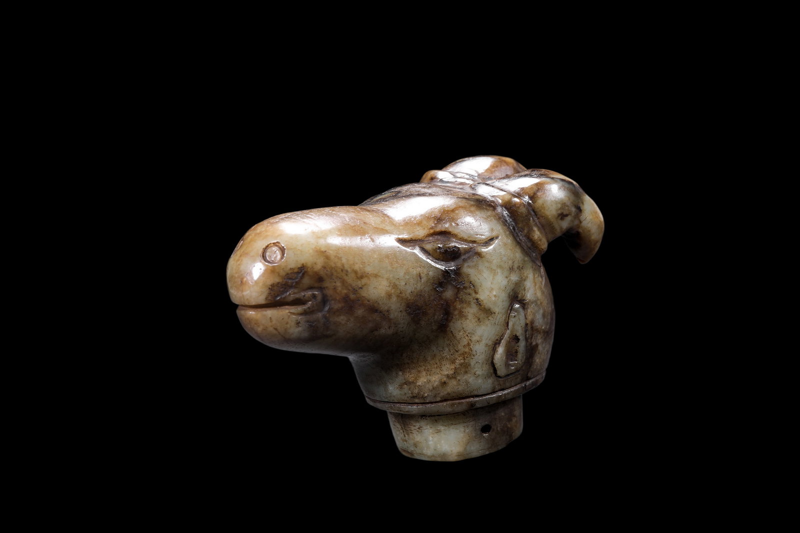 A Mottled Pale Jade Ram Head Cane Finial, Han, Circa 2nd C BC?C2nd C AD Pr.: Size:(Length 11cm ) Shipping:EU\HK\USA Ondoor shipping estimation:75EUR Condition:(Good Condition, No Repairment Checked by UV&Strong Light, Age Traces) Terms:(It is the Buyer's responsibility to insp