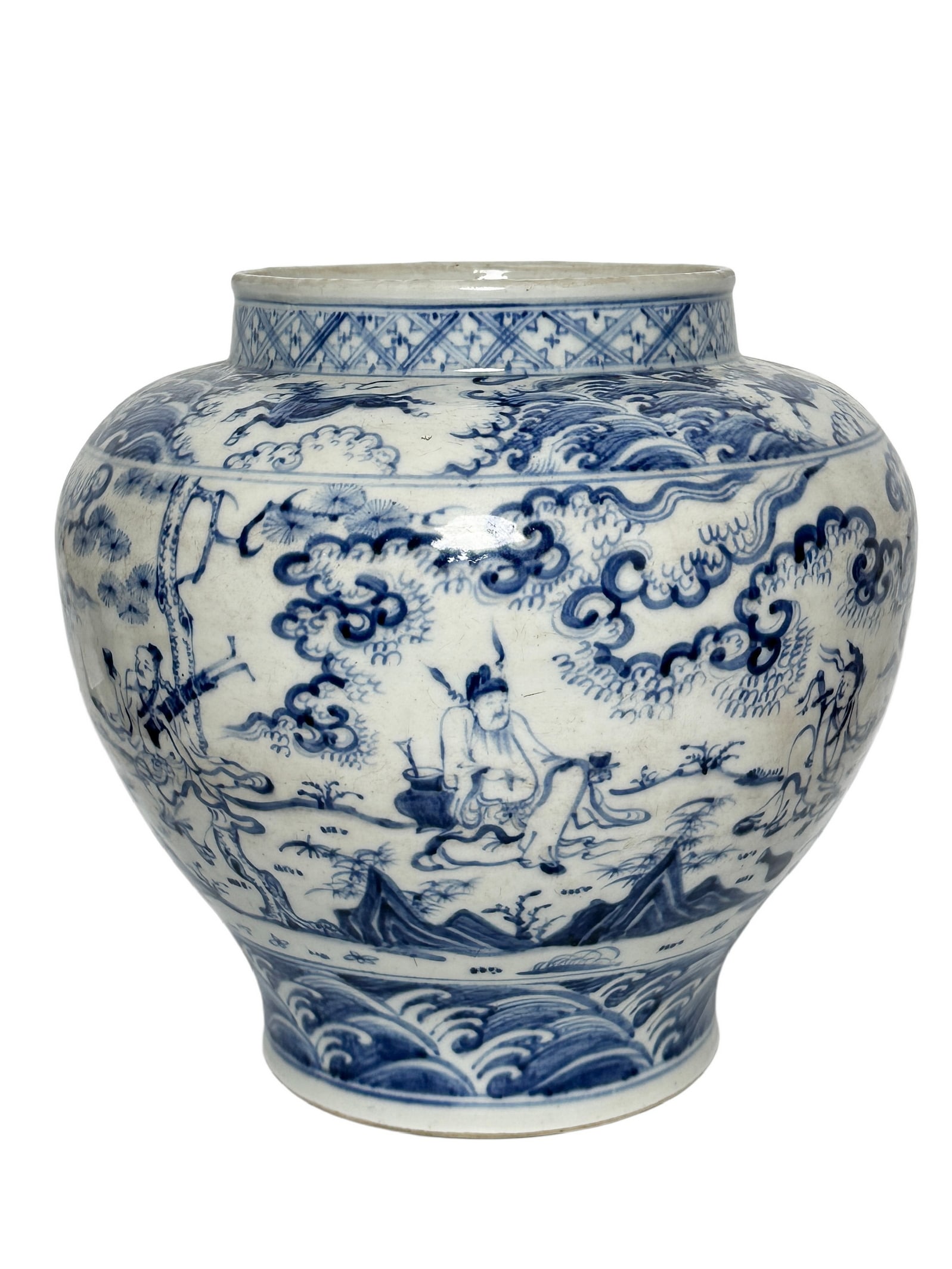 A Chinese Blue and white figure jar, Ming Dynasty Pr.: Size:(Height37.2cm, Mouth Diameter22.7cm) Shipping:EU\HK\USA Ondoor shipping estimation:115EUR Condition:(Good Condition, No Hairlines, No Cracks, No Repairment Checked by UV&Strong Light, Age Traces)