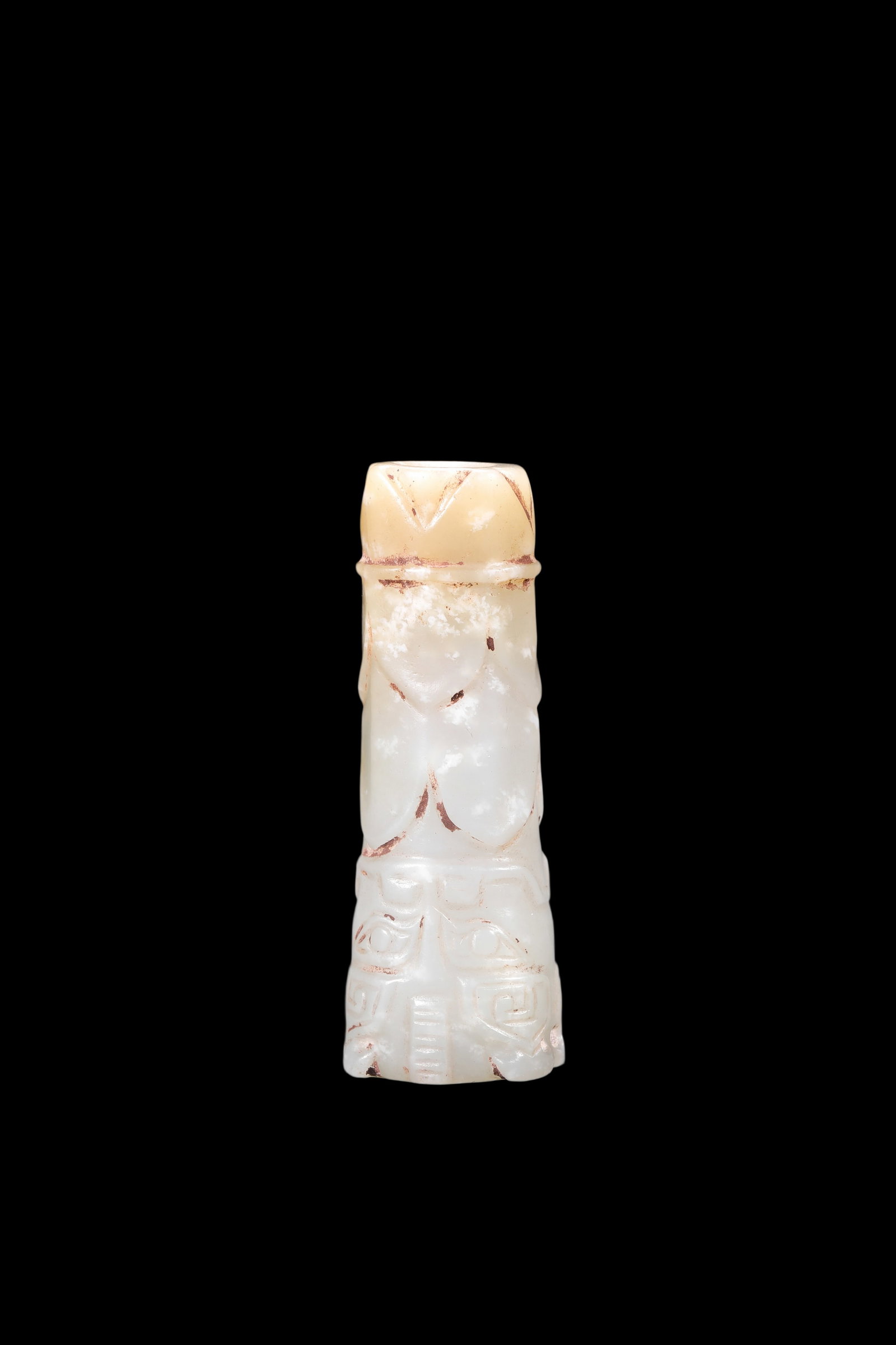 A Pale Celadon Jade Taotie Tube Bead, Western Zhou, Circa 10th?C9th C BC Pr. (1 of 4)