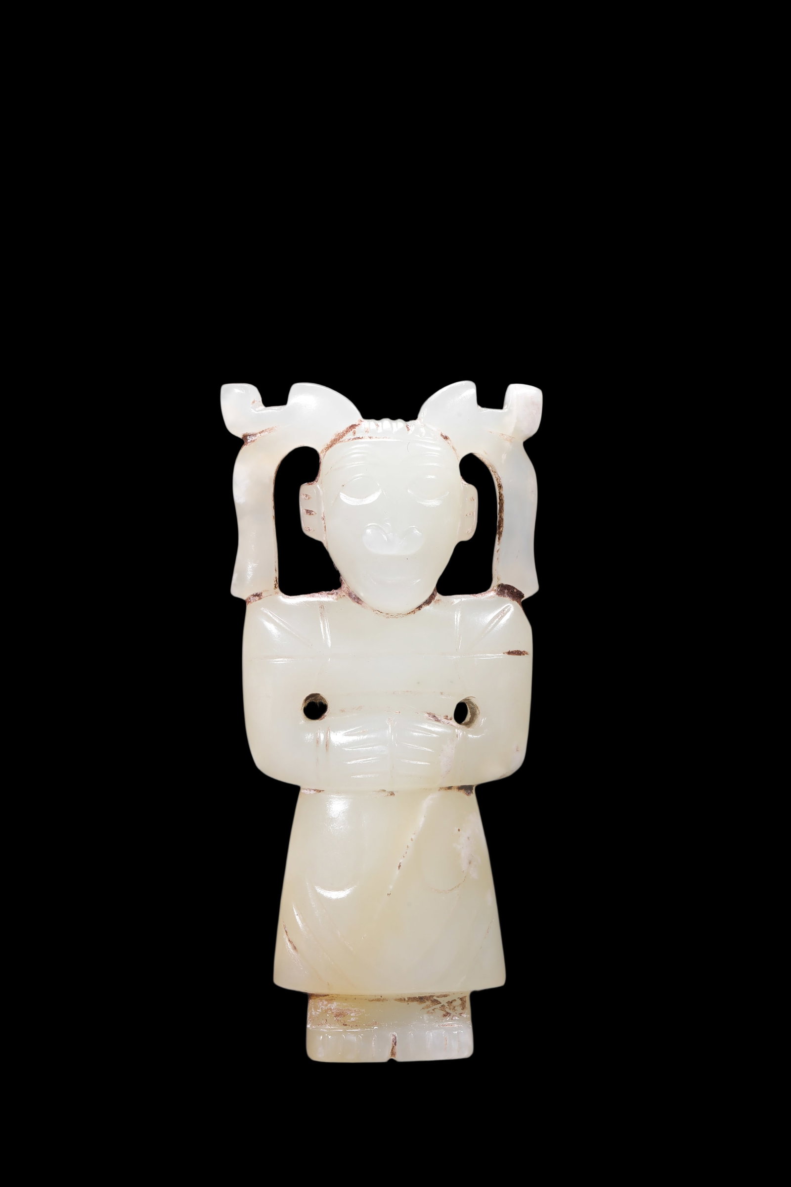 A Pale Celadon Jade Standing Human Figure Pendant, Western Zhou, Circa 10th?C9th C BC Pr.: Size:(Height7.5cm ) Shipping:EU\HK\USA Ondoor shipping estimation:75EUR Condition:(Good Condition, No Repairment Checked by UV&Strong Light, Age Traces) Terms:(It is the Buyer's responsibility to insp