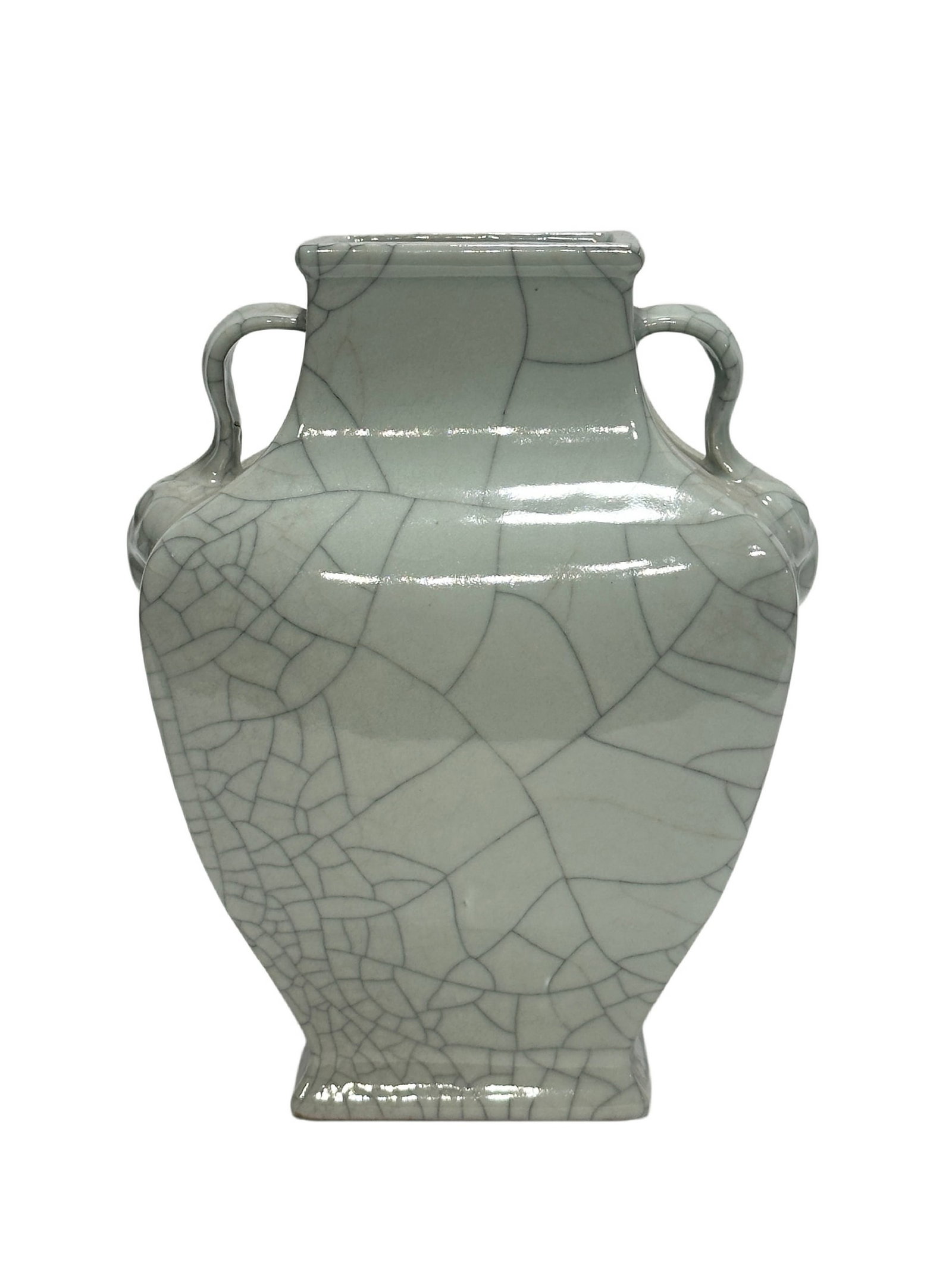 A Chinese Ge-glazed double-handled square vase, Qian Long Pr.: Size:(Height23cm, Mouth Diameter8.8cm) Shipping:EU\HK\USA Ondoor shipping estimation:115EUR Condition:(Good Condition, No Hairlines, No Cracks, No Repairment Checked by UV&Strong Light, Age Traces)