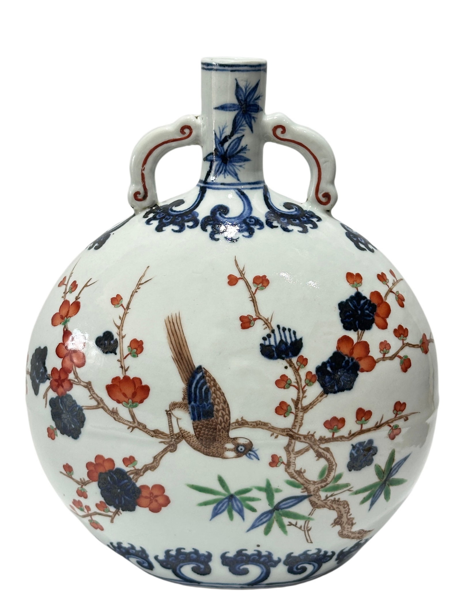 A Chinese Blue and white moonflask vse with Famille Verte deco, Ming Dynasty Pr. (1 of 8)