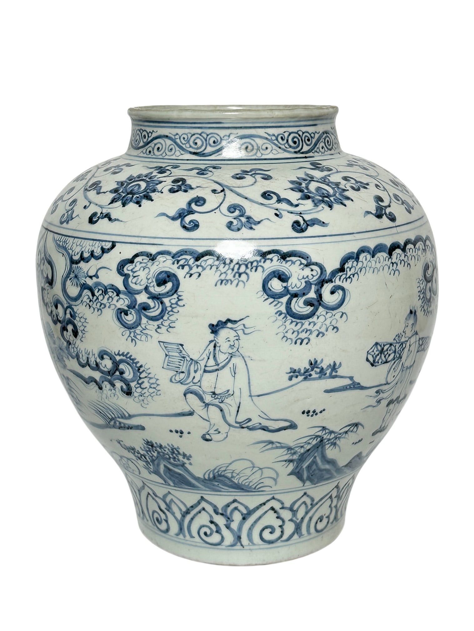 A Chinese blue and white figure jar, Mid of Ming Dynasty Pr.: Size:(Height28.5cm, Mouth Diameter13.5cm) Shipping:EU\HK\USA Ondoor shipping estimation:105EUR Condition:(Good Condition, No Hairlines, No Cracks, No Repairment Checked by UV&Strong Light, Age Traces)