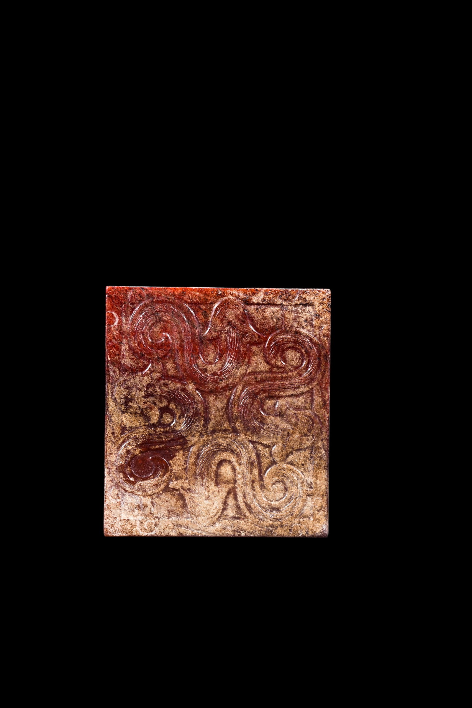 A Red-Stained Jade Square Dragon Plaque, Western Zhou, Circa 10th?C9th C BC Pr.: Size:(Length 5.5cm ) Shipping:EU\HK\USA Ondoor shipping estimation:75EUR Condition:(Good Condition, No Repairment Checked by UV&Strong Light, Age Traces) Terms:(It is the Buyer's responsibility to ins