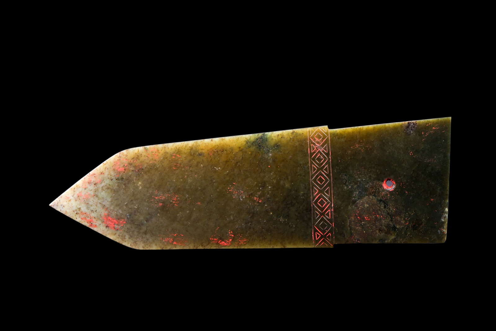 A Dark Green Jade Ge Blade, Shang, Circa 13th?C11th C BC Pr.: Size:(Length 25cm ) Shipping:EU\HK\USA Ondoor shipping estimation:75EUR Condition:(Good Condition, No Repairment Checked by UV&Strong Light, Age Traces) Terms:(It is the Buyer's responsibility to insp