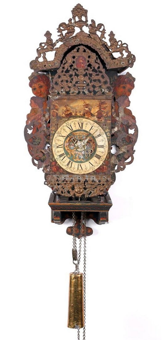Frisian chair clock: Size:(Frisian chair clock, timepiece with name B Haanstra Sneek on the dial and painted decor of sailing ships, 19th century, 76 cm high (needs to be checked, keeps striking)) Shipping:EU\HK\USA Ondoo