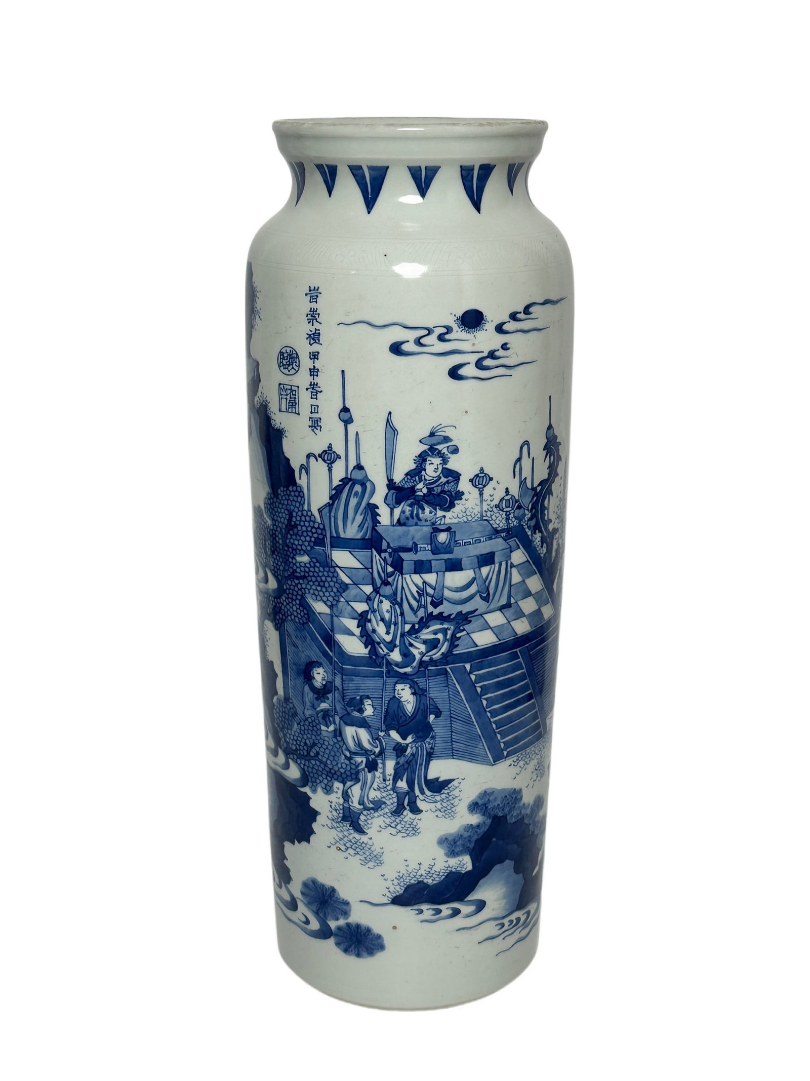 A Chinese blue and white figure tube vase, Kang Xi Pr.: Size:(Height44.7cm, Mouth Diameter13.3cm) Shipping:EU\HK\USA Ondoor shipping estimation:135EUR Condition:(Good Condition, No Hairlines, No Cracks, No Repairment Checked by UV&Strong Light, Age Traces)