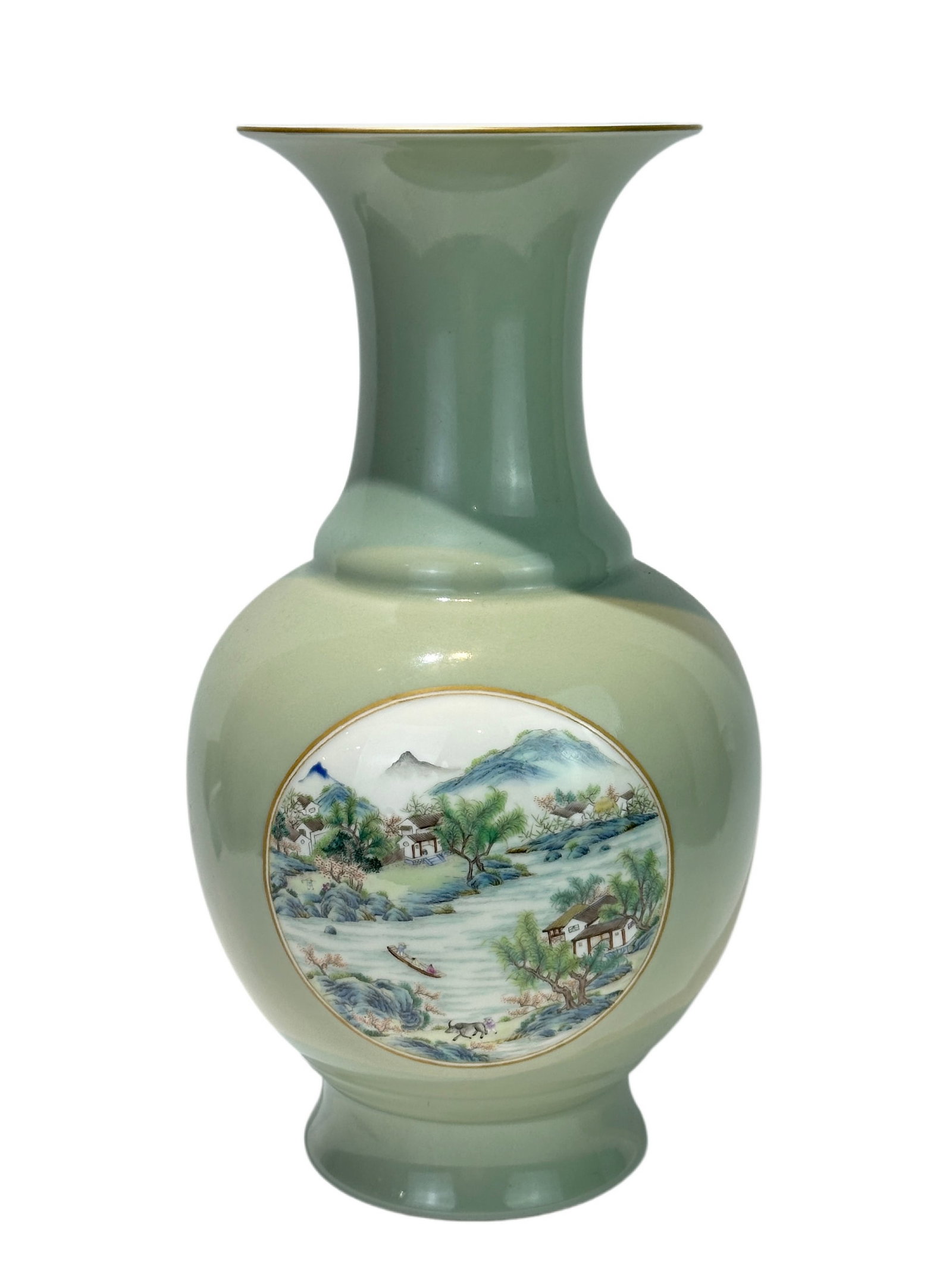 A Chinese powder-blue glazed vase with landscape scene decoration, Qing Dynasty Pr.: Size:(Height38.3cm, Mouth Diameter16.2cm) Shipping:EU\HK\USA Ondoor shipping estimation:115EUR Condition:(Good Condition, No Hairlines, No Cracks, No Repairment Checked by UV&Strong Light, Age Traces)