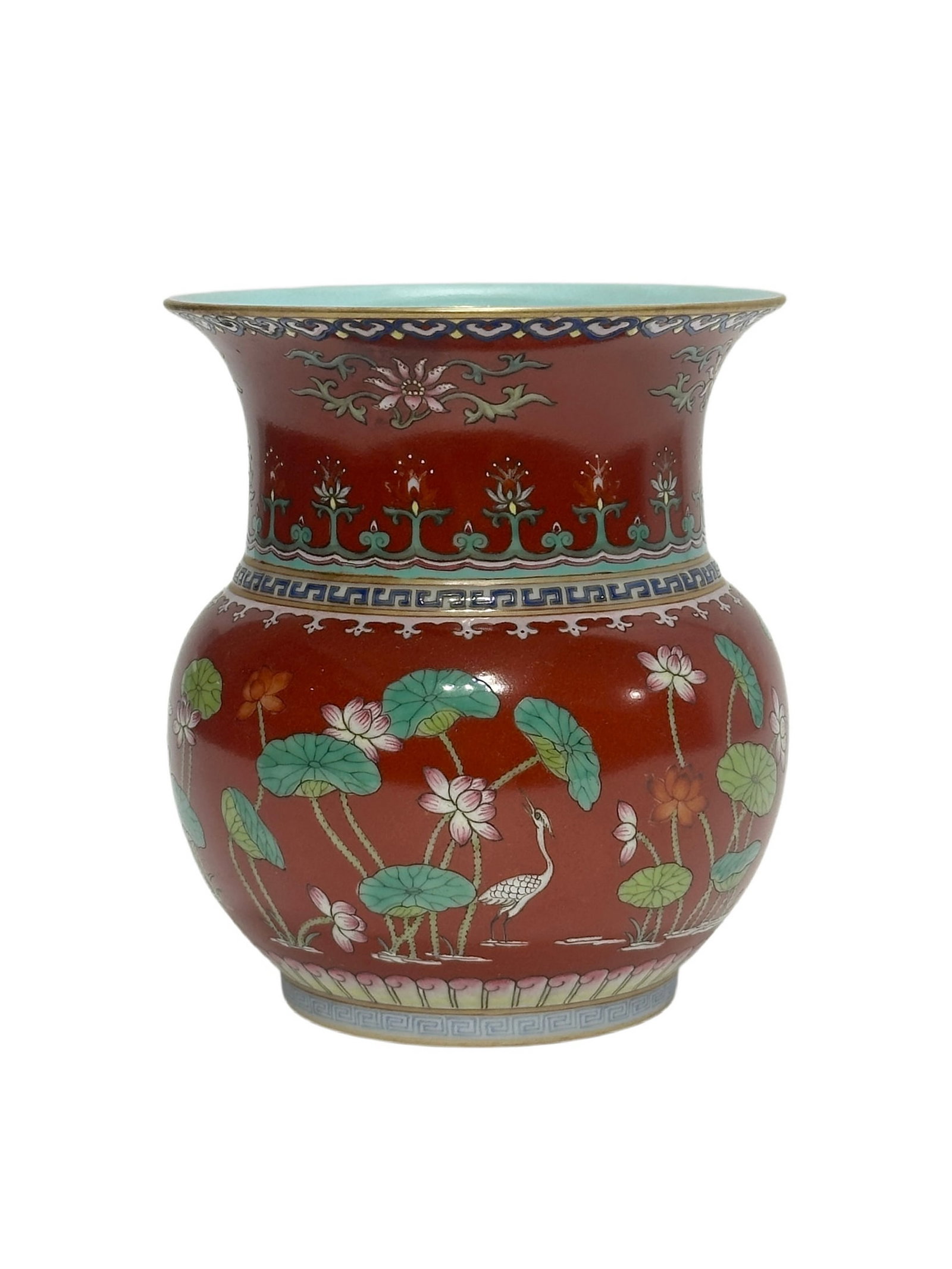 A Chinese Coral red colour Famille Rose vase, Qian Long Pr.: Size:(Height14.2cm, Mouth Diameter12.3cm) Shipping:EU\HK\USA Ondoor shipping estimation:115EUR Condition:(Good Condition, No Hairlines, No Cracks, No Repairment Checked by UV&Strong Light, Age Traces)