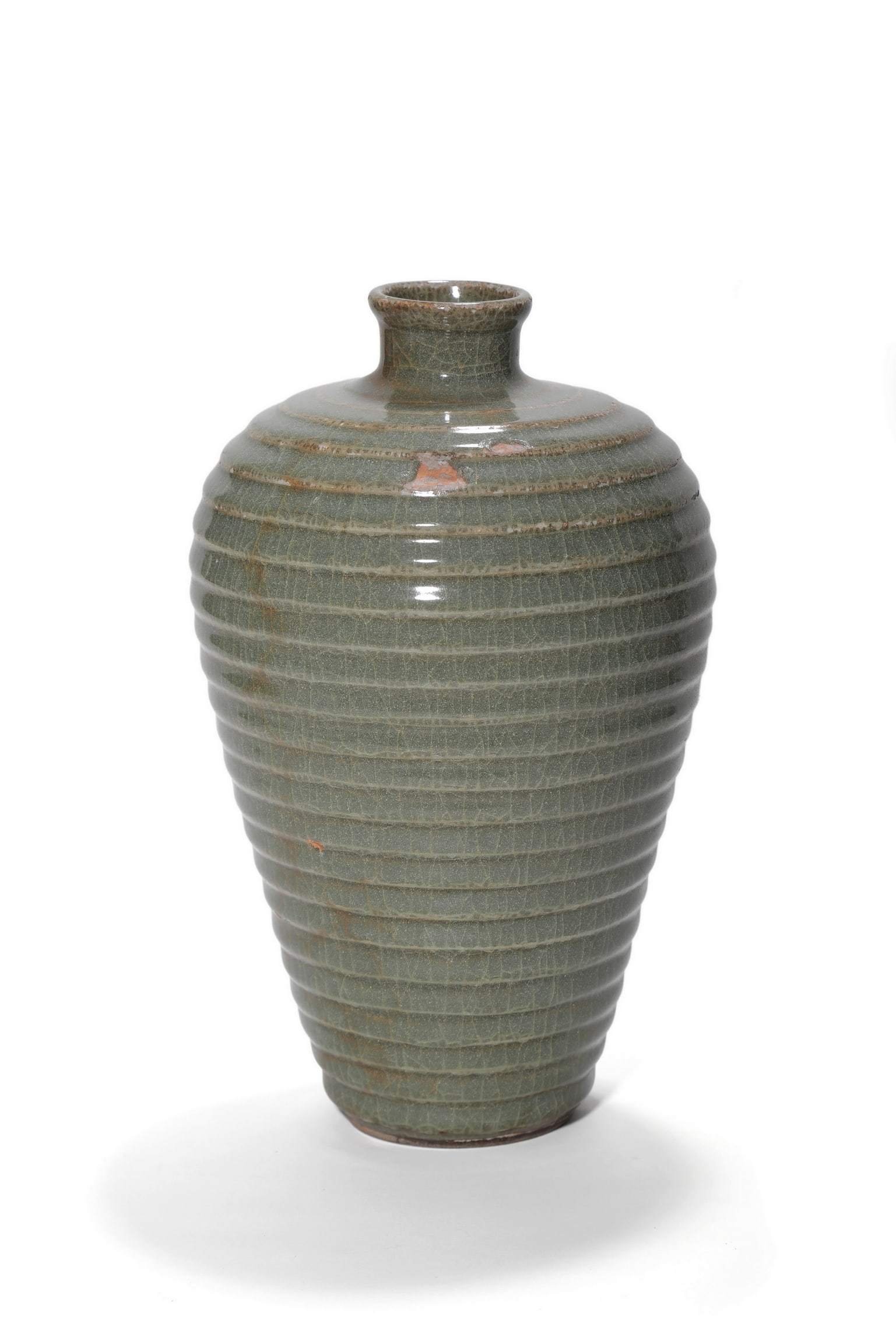 A Longquan Celadon Ribbed Meiping Vase, 13th?C14th C Pr. (1 of 3)
