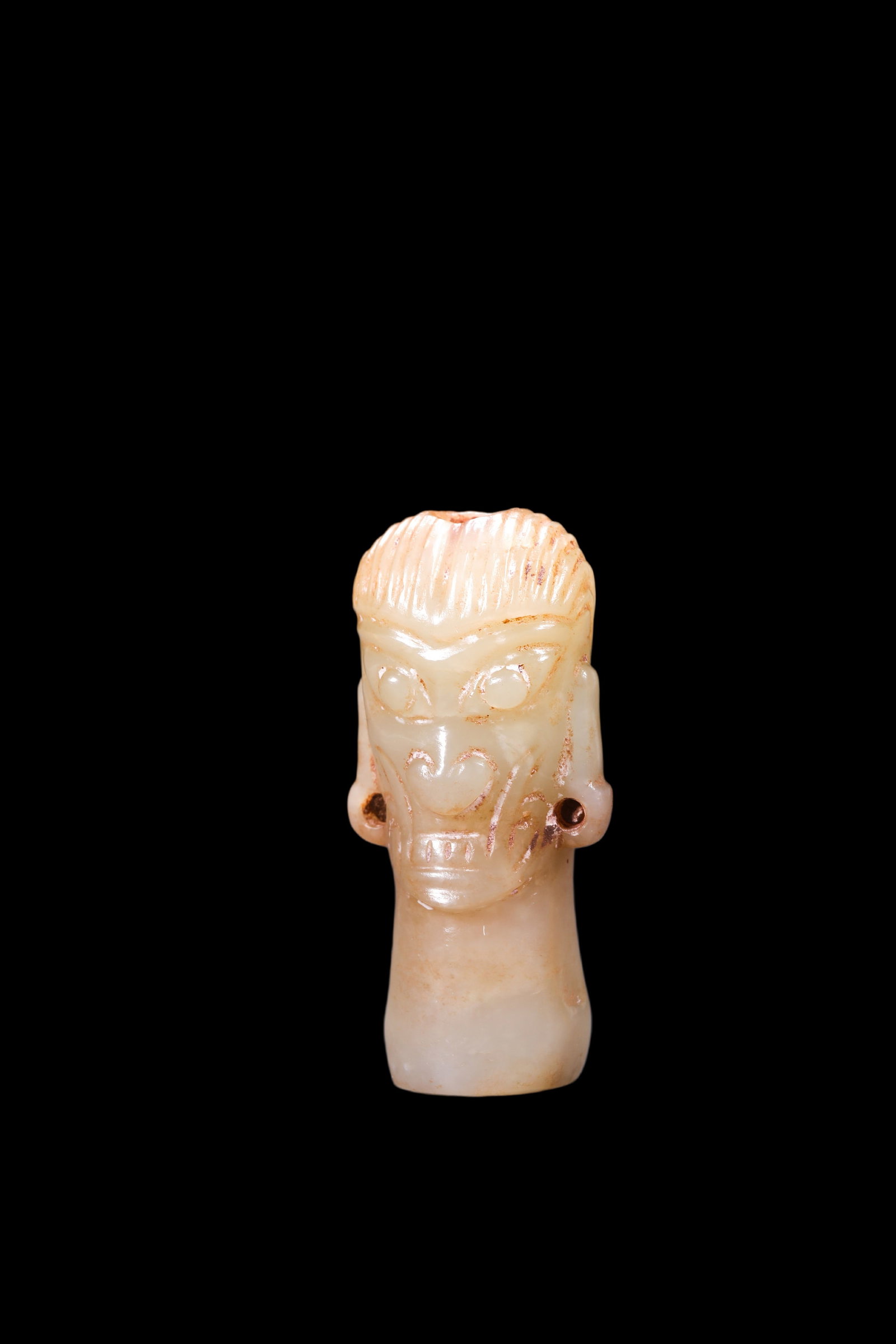 A Pale Jade Human Head Bead with Russet Inclusions, Shang, Circa 13th?C11th C BC Pr.: Size:(Length 4.6cm ) Shipping:EU\HK\USA Ondoor shipping estimation:75EUR Condition:(Good Condition, No Repairment Checked by UV&Strong Light, Age Traces) Terms:(It is the Buyer's responsibility to ins