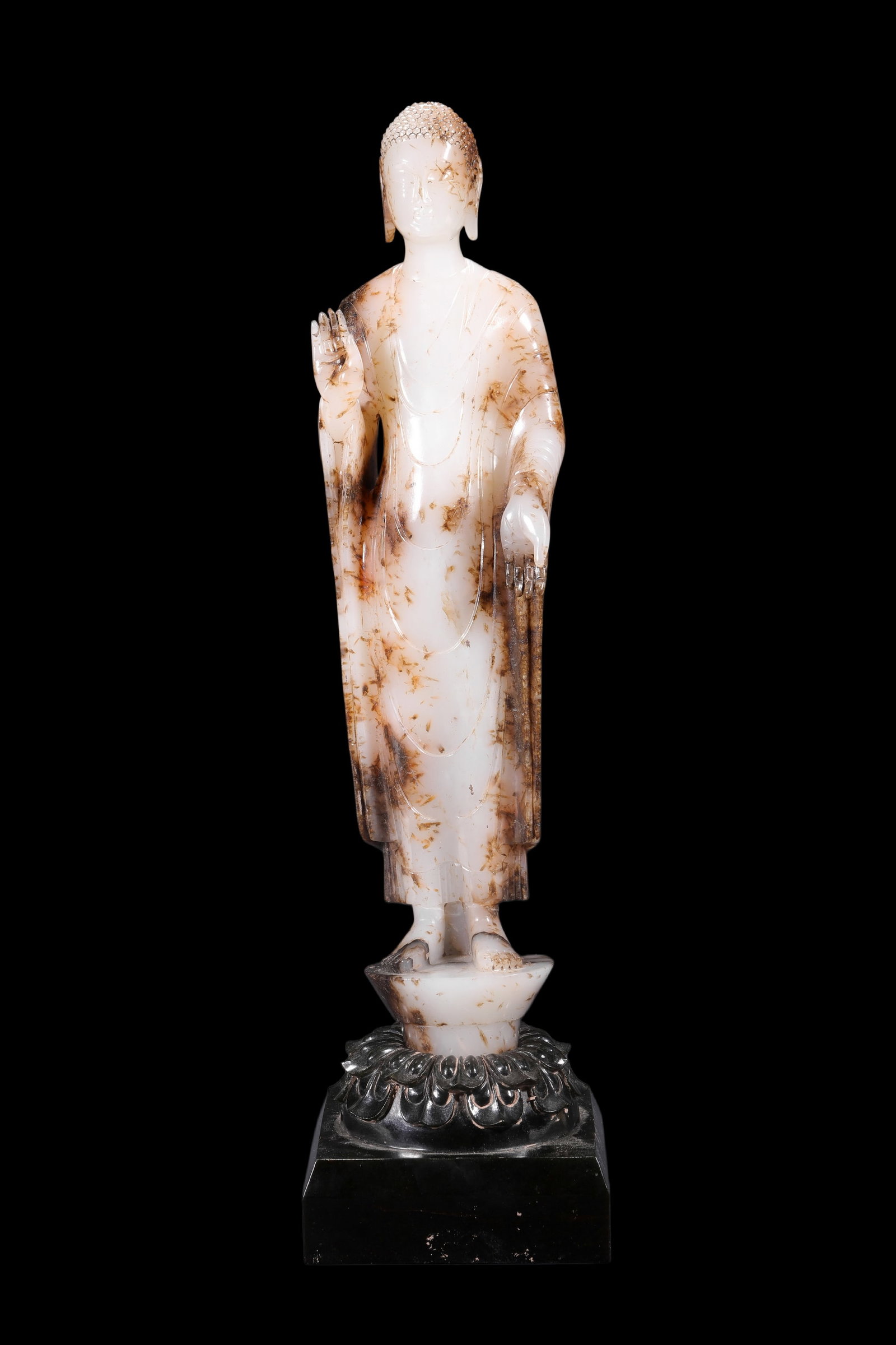 A White Jade Standing Buddha Statue with Russet Inclusions, Tang, Circa 618?C907 AD Pr.: Size:(Height36cm ) Shipping:EU\HK\USA Ondoor shipping estimation:75EUR Condition:(Good Condition, No Repairment Checked by UV&Strong Light, Age Traces) Terms:(It is the Buyer's responsibility to inspe