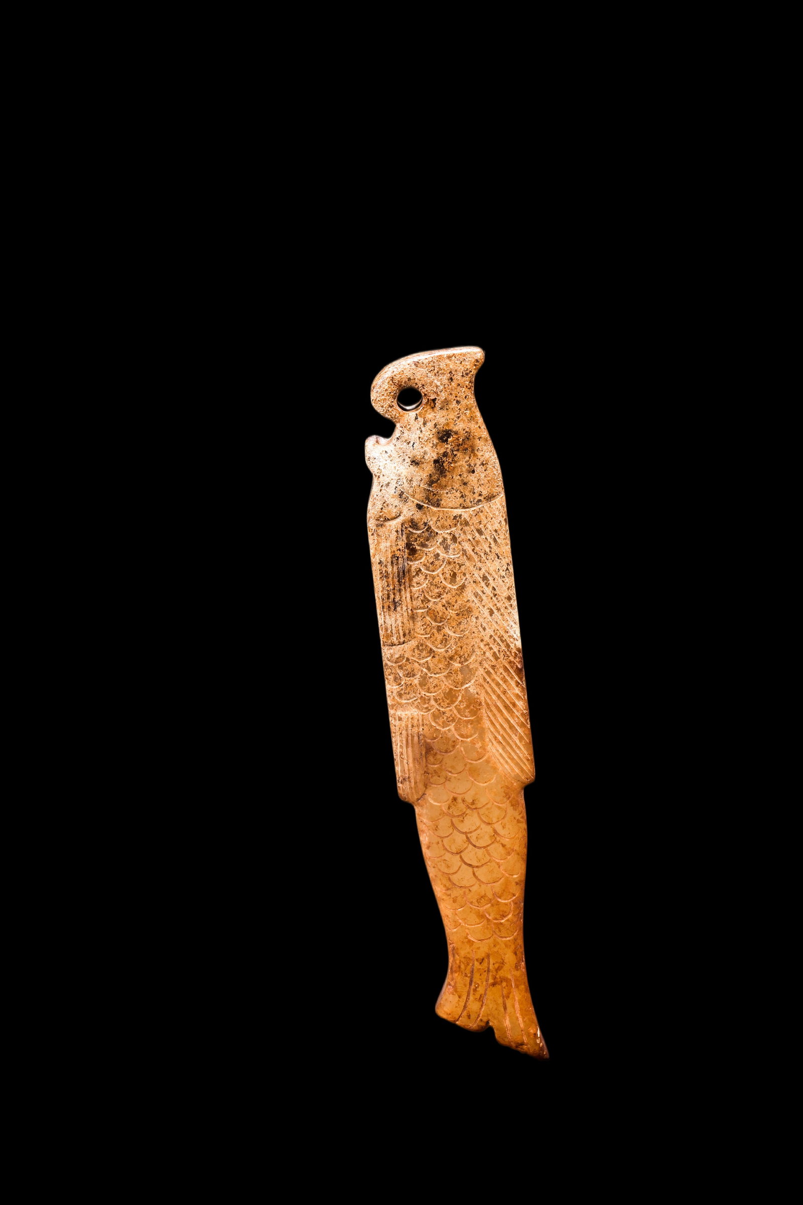 A Calcified Yellow Jade Fish Pendant, Shang, Circa 13th?C11th C BC Pr.: Size:(Length 8.8cm ) Shipping:EU\HK\USA Ondoor shipping estimation:75EUR Condition:(Good Condition, No Repairment Checked by UV&Strong Light, Age Traces) Terms:(It is the Buyer's responsibility to ins
