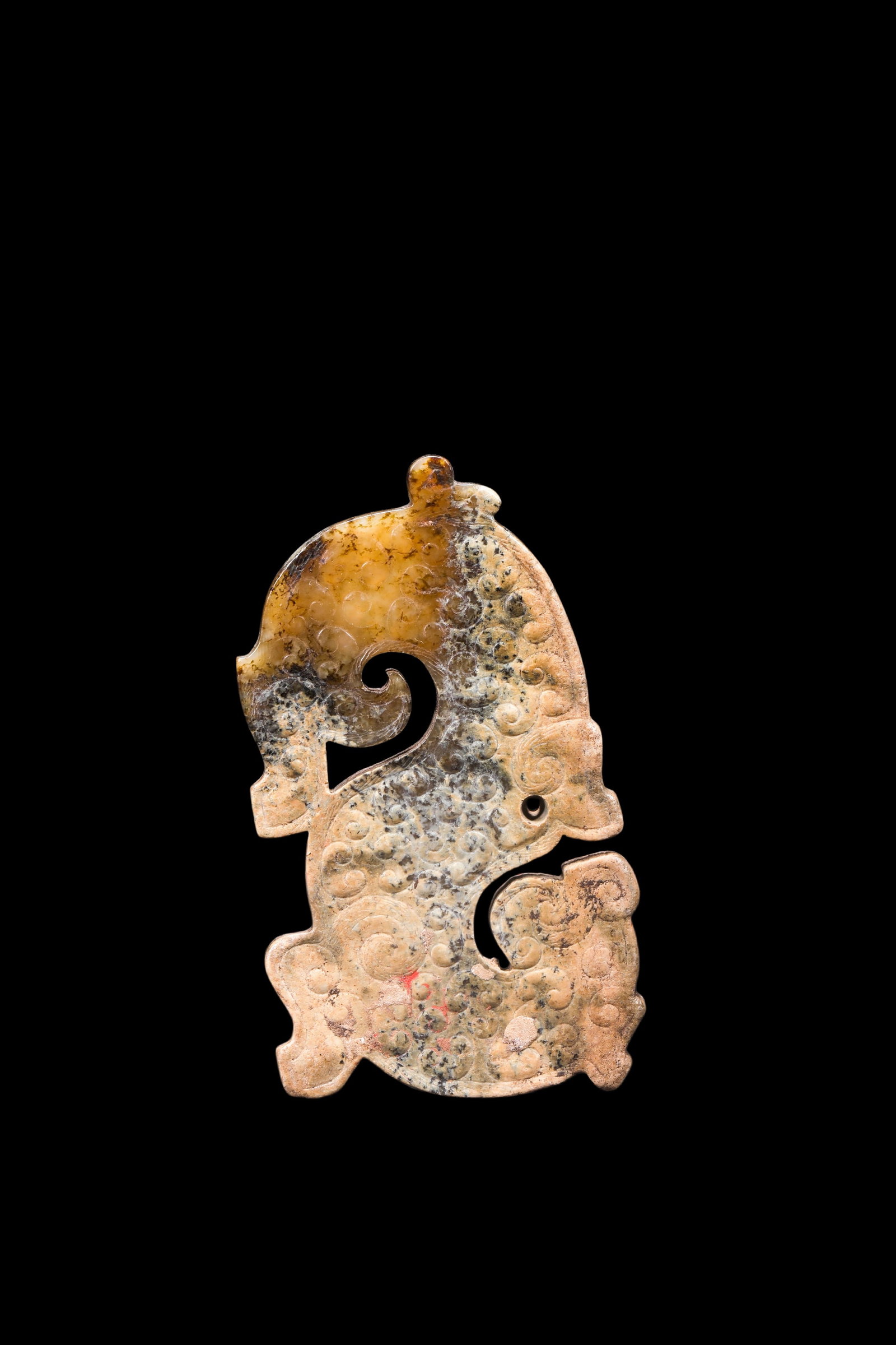 A Mottled Calcified Jade S-Shaped Dragon Plaque, Spring & Autumn, Circa 8th?C5th C BC Pr.: Size:(Length 6.8cm ) Shipping:EU\HK\USA Ondoor shipping estimation:75EUR Condition:(Good Condition, No Repairment Checked by UV&Strong Light, Age Traces) Terms:(It is the Buyer's responsibility to ins
