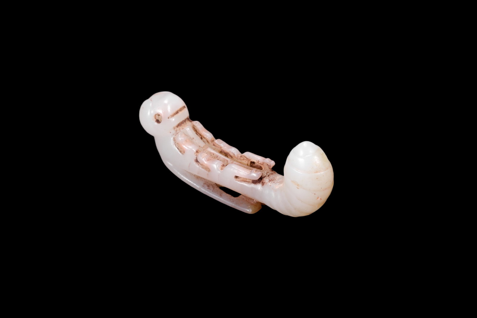 A White Jade Silkworm Pendant with Russet Veins, Western Zhou, Circa 10th?C8th C BC Pr.: Size:(Length 3.3cm ) Shipping:EU\HK\USA Ondoor shipping estimation:75EUR Condition:(Good Condition, No Repairment Checked by UV&Strong Light, Age Traces) Terms:(It is the Buyer's responsibility to ins