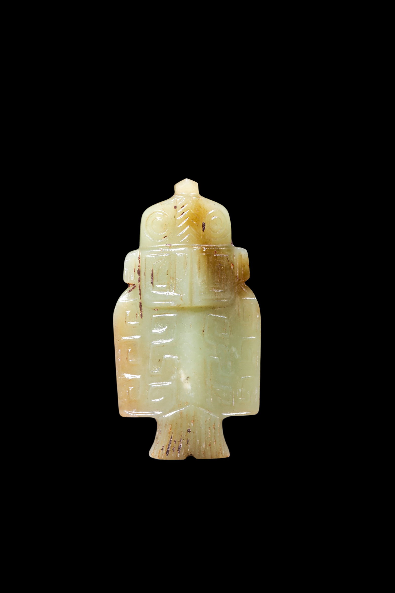 A Pale Yellow Jade Owl Pendant, Late Shang, Circa 12th?C11th C BC Pr.: Size:(Length 6.3cm ) Shipping:EU\HK\USA Ondoor shipping estimation:75EUR Condition:(Good Condition, No Repairment Checked by UV&Strong Light, Age Traces) Terms:(It is the Buyer's responsibility to ins