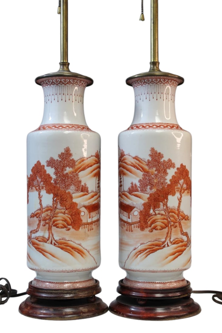Pair of Chinese Coral Red Decorated Porcelain Vase Lamp: Size:(Total Height with stand and pole 70cm, Vase Height33cm, Mouth Diameter10cm) Shipping:EU\HK\USA Ondoor shipping estimation:105EUR Condition:(Good Condition except drilled, No Hairlines, No Cracks