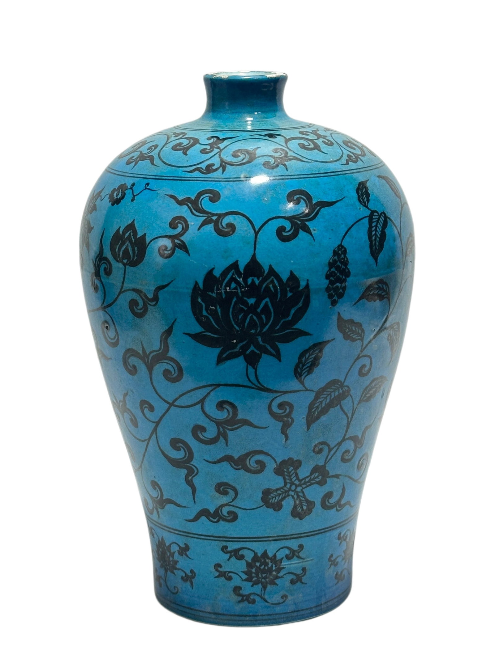 A Chinese Blue-glazed black-painted meiping shape vase, Ming Dynasty Pr. (1 of 7)