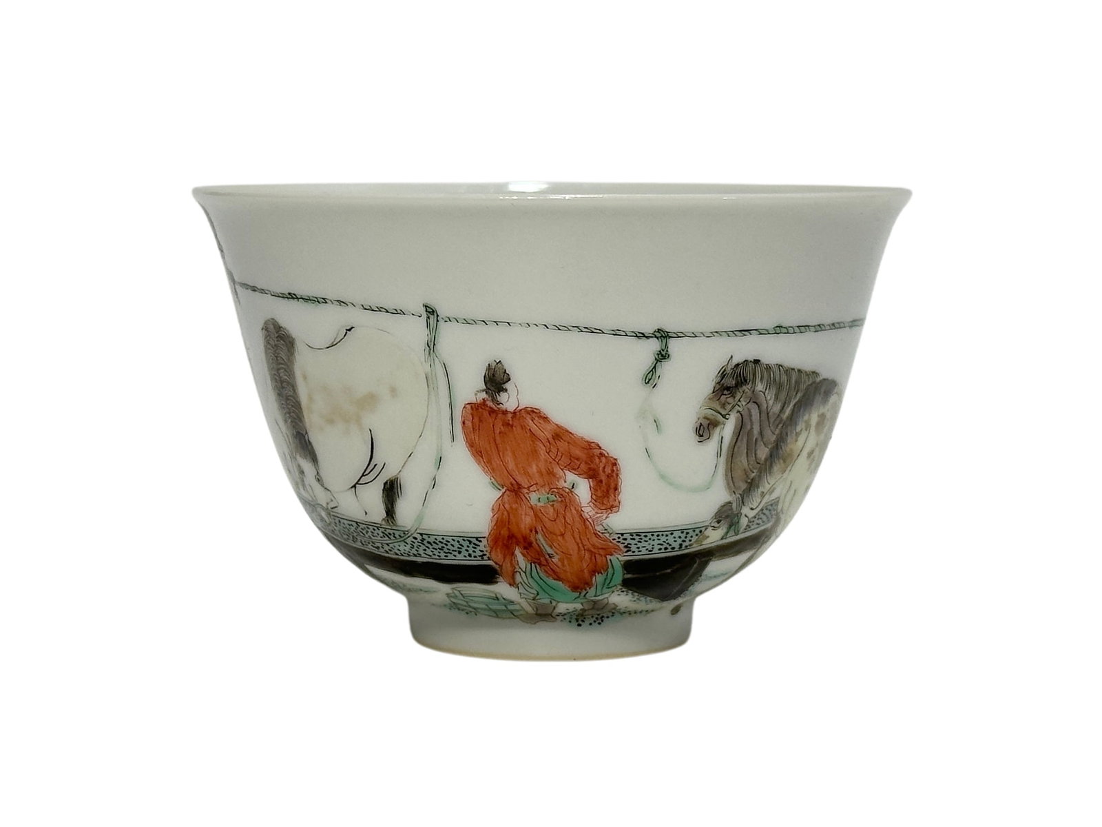 A Chinese Famille Verte bowl with figure painting, Kang Xi Pr.: Size:(Height6cm, Mouth Diameter9.2cm) Shipping:EU\HK\USA Ondoor shipping estimation:115EUR Condition:(Good Condition, No Hairlines, No Cracks, No Repairment Checked by UV&Strong Light, Age Traces)
