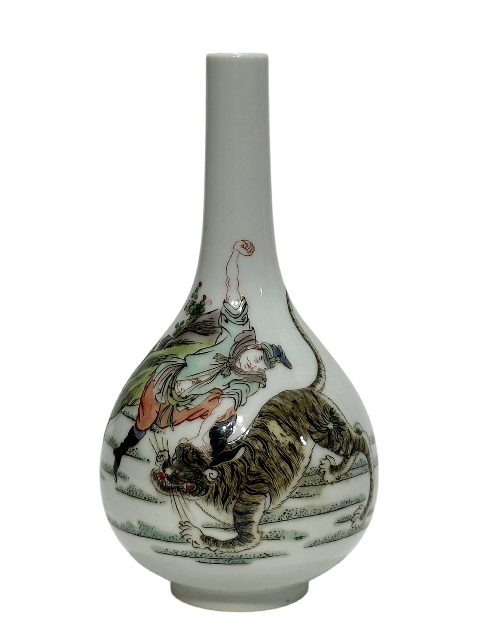 A Chinese pointed vase with Famille Verte landscape scene, Kang Xi Pr.: Size:(Height16.5cm, Mouth Diameter1.8cm) Shipping:EU\HK\USA Ondoor shipping estimation:115EUR Condition:(Good Condition, No Hairlines, No Cracks, No Repairment Checked by UV&Strong Light, Age Traces)