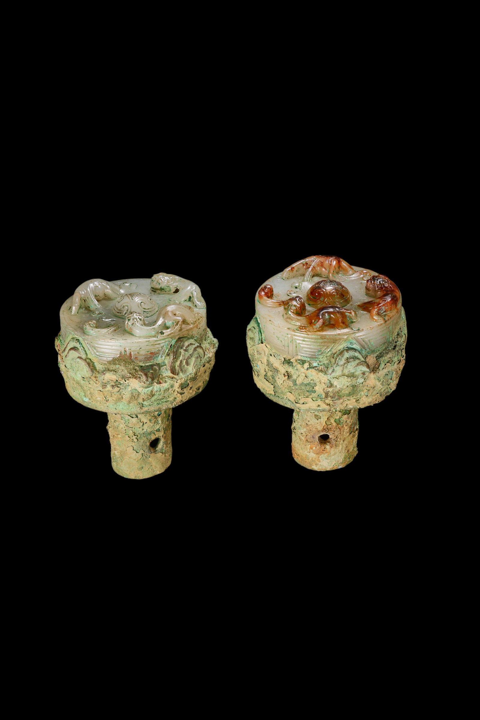 A Pair of Chinese Ancient Jade Sword Pommels with Chilong Relief, 2nd?Century?BCE?1st?Century?CE Pr.: Size:(Height7.2cm Width6cm) Shipping:EU\HK\USA Ondoor shipping estimation:70EUR Condition:(Good Condition, No Repairment Checked by UV&Strong Light, Age Traces) Terms:(It is the Buyer's responsibility