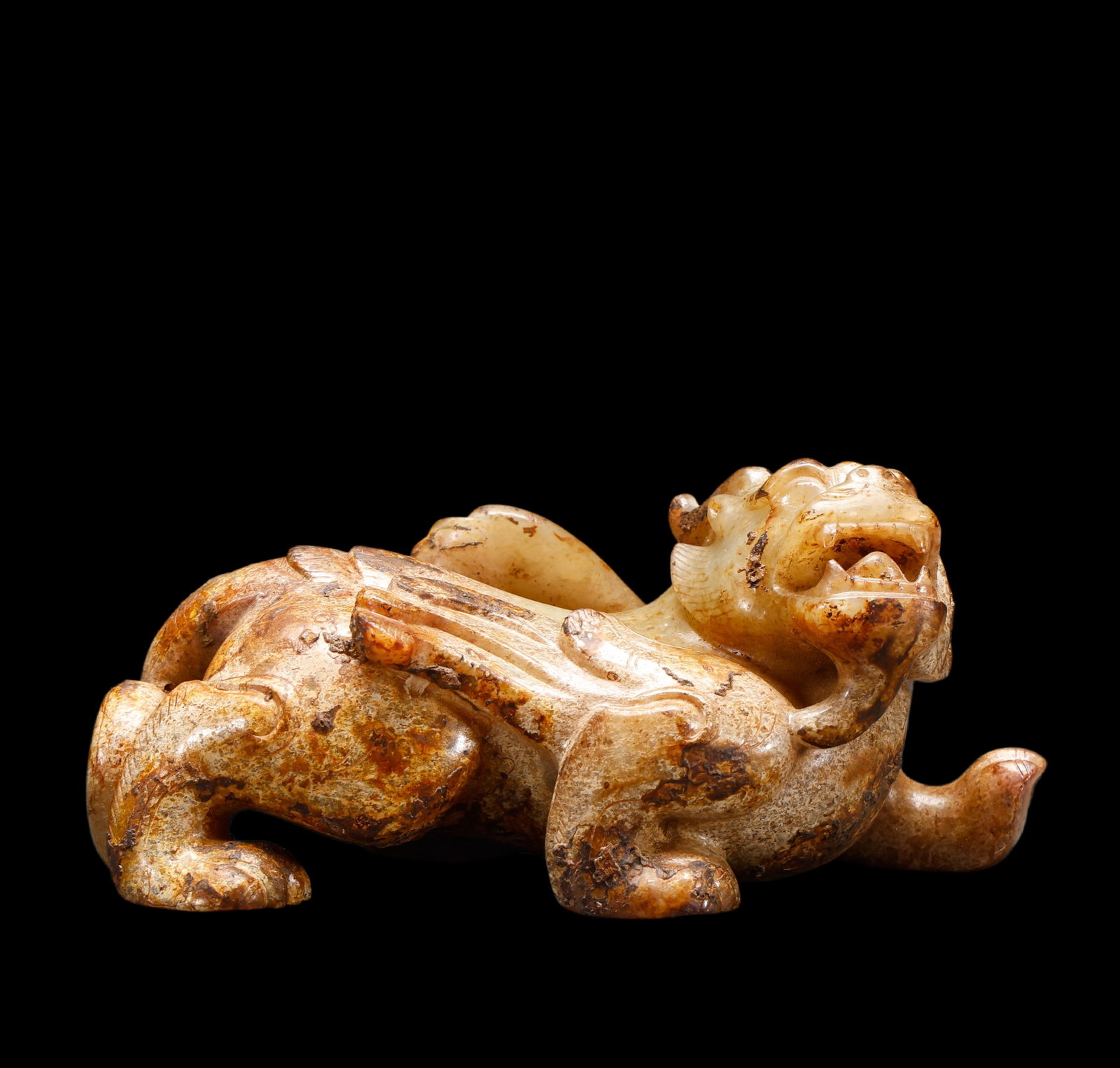 A Yellowish?Brown Jade Winged Bixie Sculpture with Extensive Buried Patina, 2nd BCE?2nd CE Pr. (1 of 6)