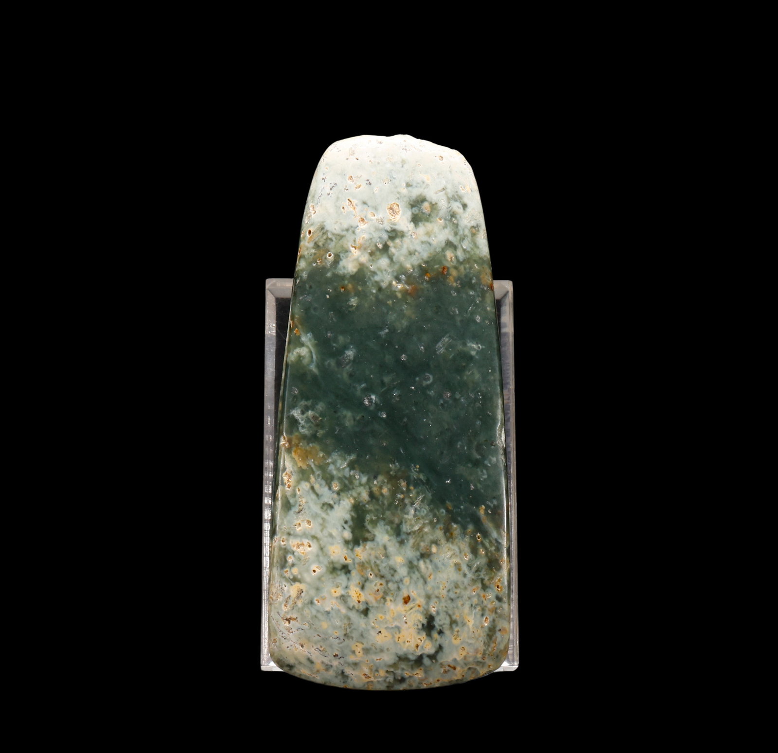 A Mottled Deep?Green Jade Axe?Shaped Adze Artefact with White Calcified Patina, 23rd?18th BCE Pr. (1 of 7)