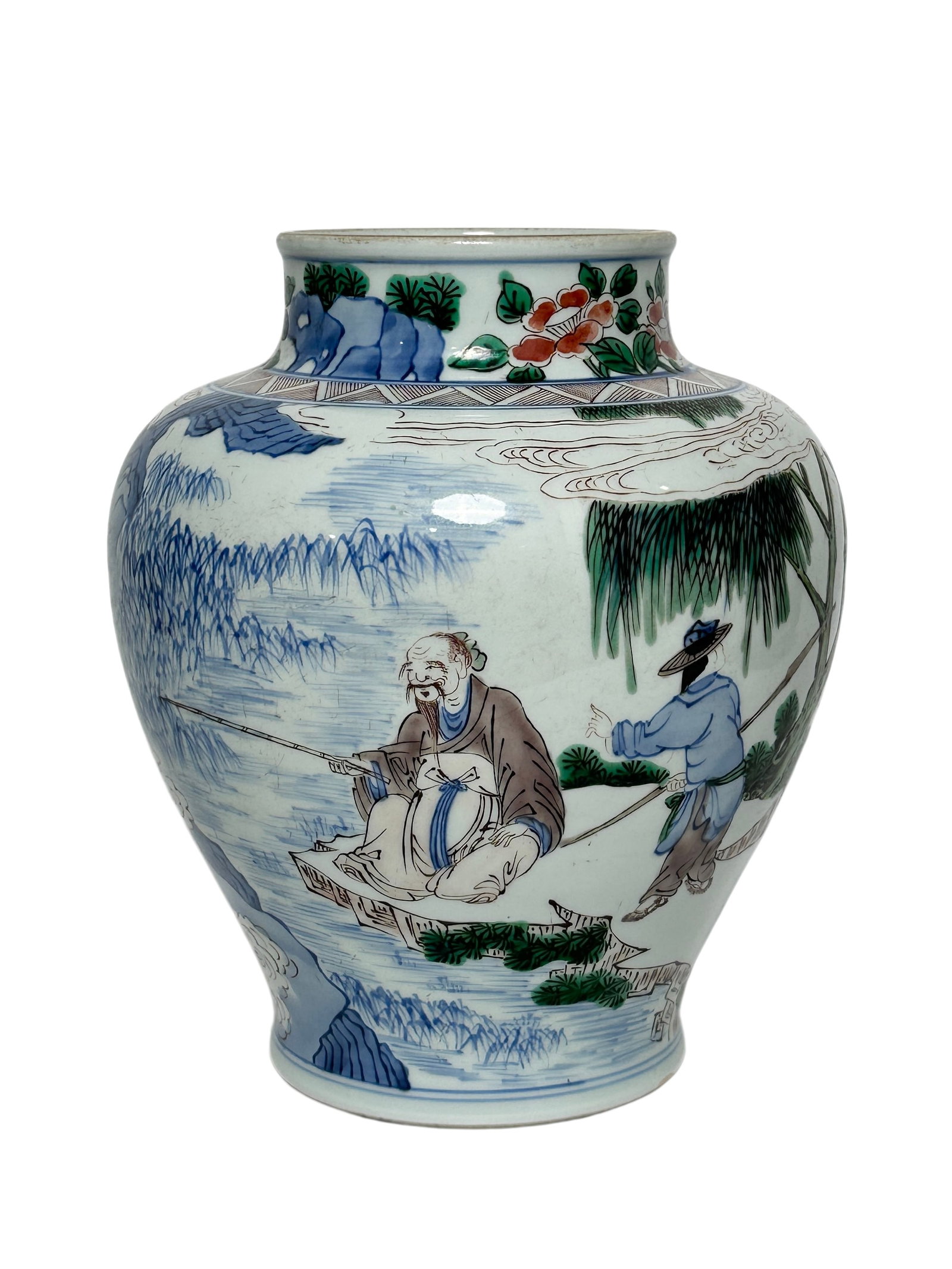A Chinese Blue and white with Famille Verte figure pattern jar, Kang Xi Pr.: Size:(Height23.5cm, Mouth Diameter11cm) Shipping:EU\HK\USA Ondoor shipping estimation:135EUR Condition:(Good Condition, No Hairlines, No Cracks, No Repairment Checked by UV&Strong Light, Age Traces) T