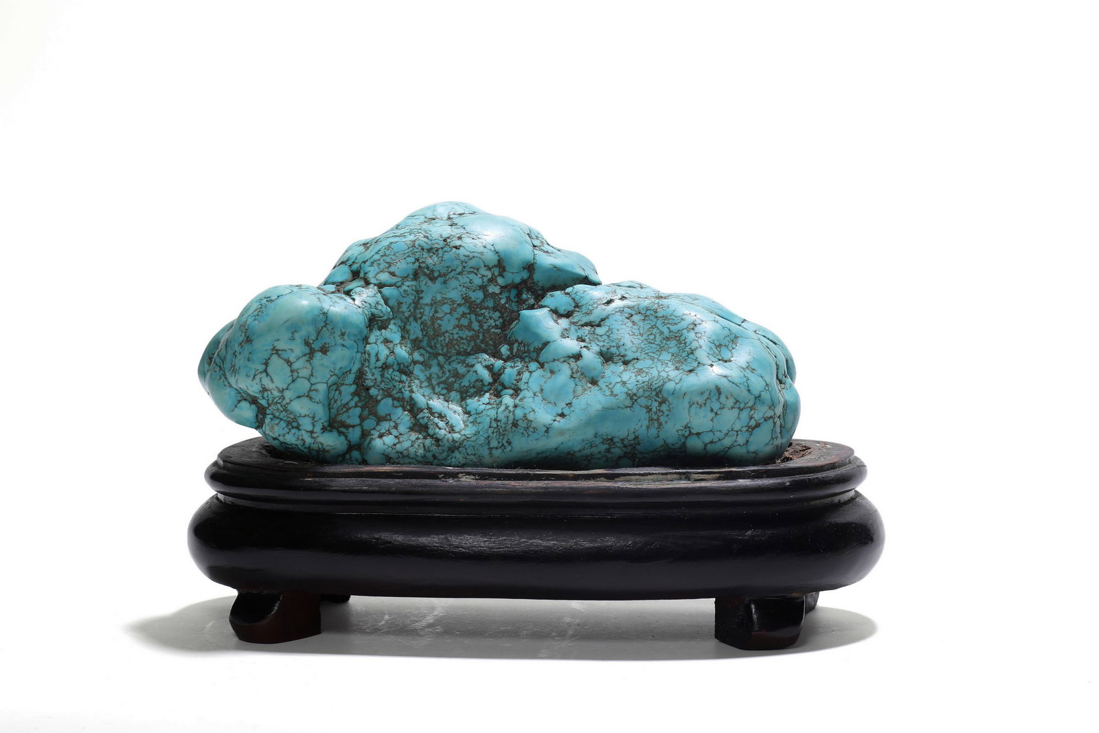 A Chinese Ancient turquoise boulder scholar??s rock on wood stand, 17th?19th centuries A.D Pr.: Size:(Length18cm) Shipping:EU\HK\USA Ondoor shipping estimation:105EUR Condition:(Good Condition, No Hairlines, No Cracks, No Repairment Checked by UV&Strong Light, Age Traces) Terms:(It is the Buyer'