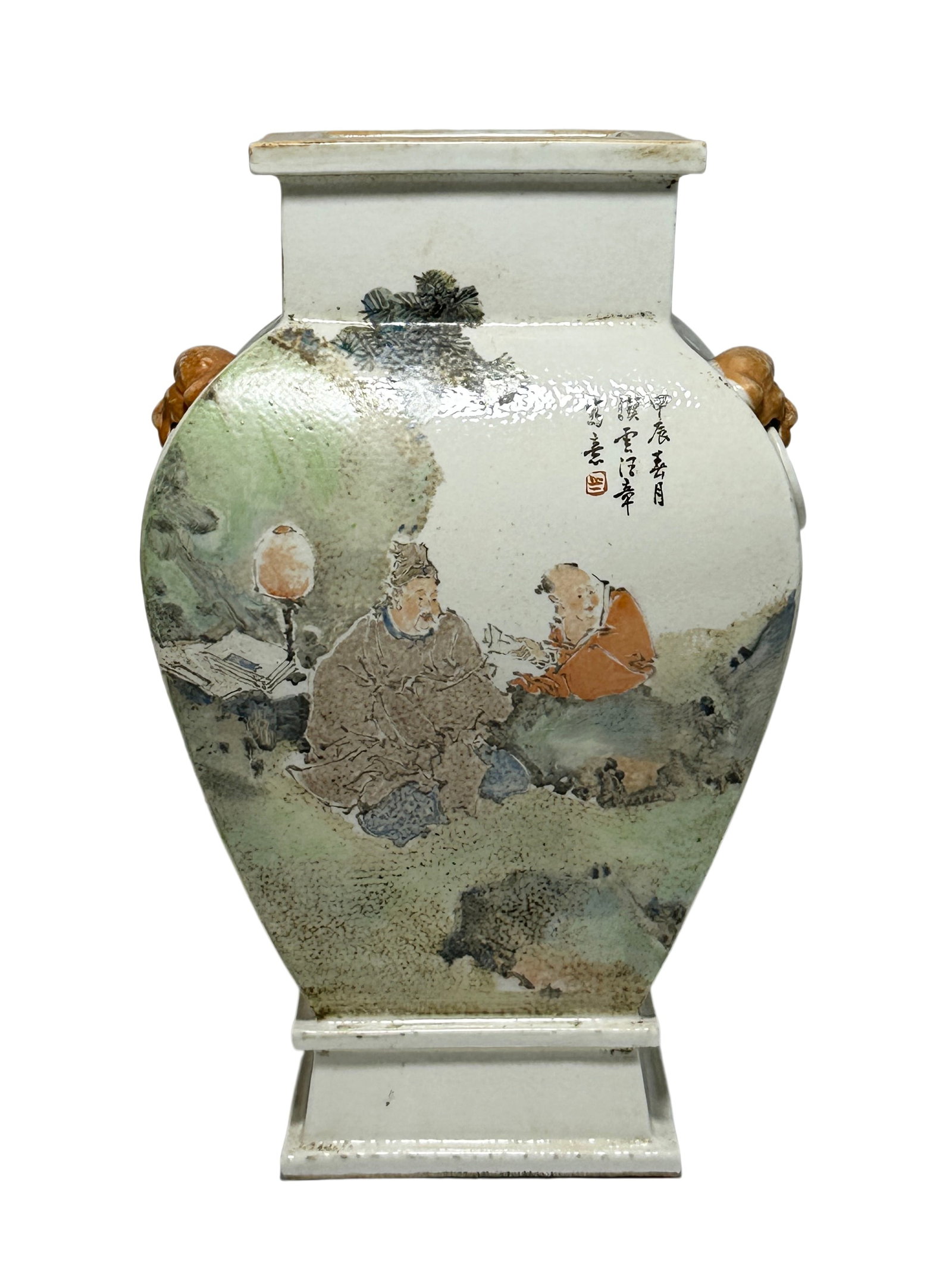 A Chinese Famille Rose figure square vase, Qing Dynasty Pr.: Size:(Height36.5cm, Mouth Diameter15.5cm) Shipping:EU\HK\USA Ondoor shipping estimation:135EUR Condition:(Good Condition, No Hairlines, No Cracks, No Repairment Checked by UV&Strong Light, Age Traces)