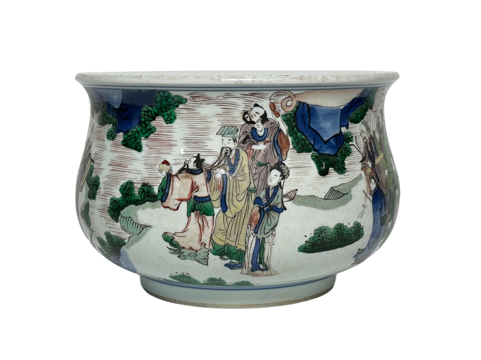 A Chinese Blue and white incense burner with Eight Immortals figures, Kang Xi Pr.: Size:(Height16.2cm, Mouth Diameter23.7cm) Shipping:EU\HK\USA Ondoor shipping estimation:135EUR Condition:(Good Condition, No Hairlines, No Cracks, No Repairment Checked by UV&Strong Light, Age Traces)