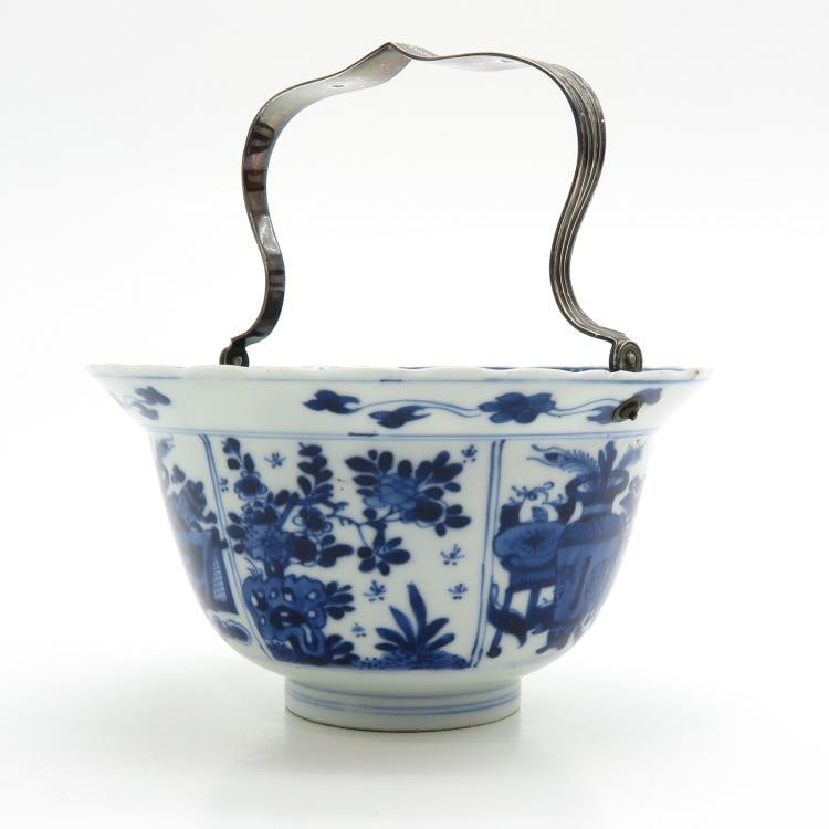 A Chinese Flared Rim Bowl, Kang Xi Pr.: Size:(19th Century Dutch silver handle, 16 x 9 x 16 cm) Shipping:EU\HK\USA Ondoor shipping estimation:105EUR Condition:(Good Condition except with hairline and chip, No Repairment Checked by UV&Strong