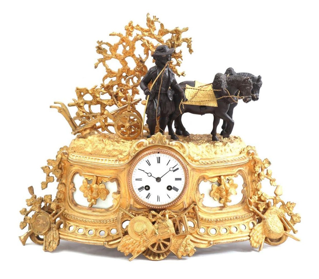 Brass mantel clock: Size:(Brass mantel clock with bronze team of horses for plough, man with whip, tree and rich decoration of agricultural-related attributes and grape vines on top, ca. 1890, 39 cm high, 49 cm wide) Shi