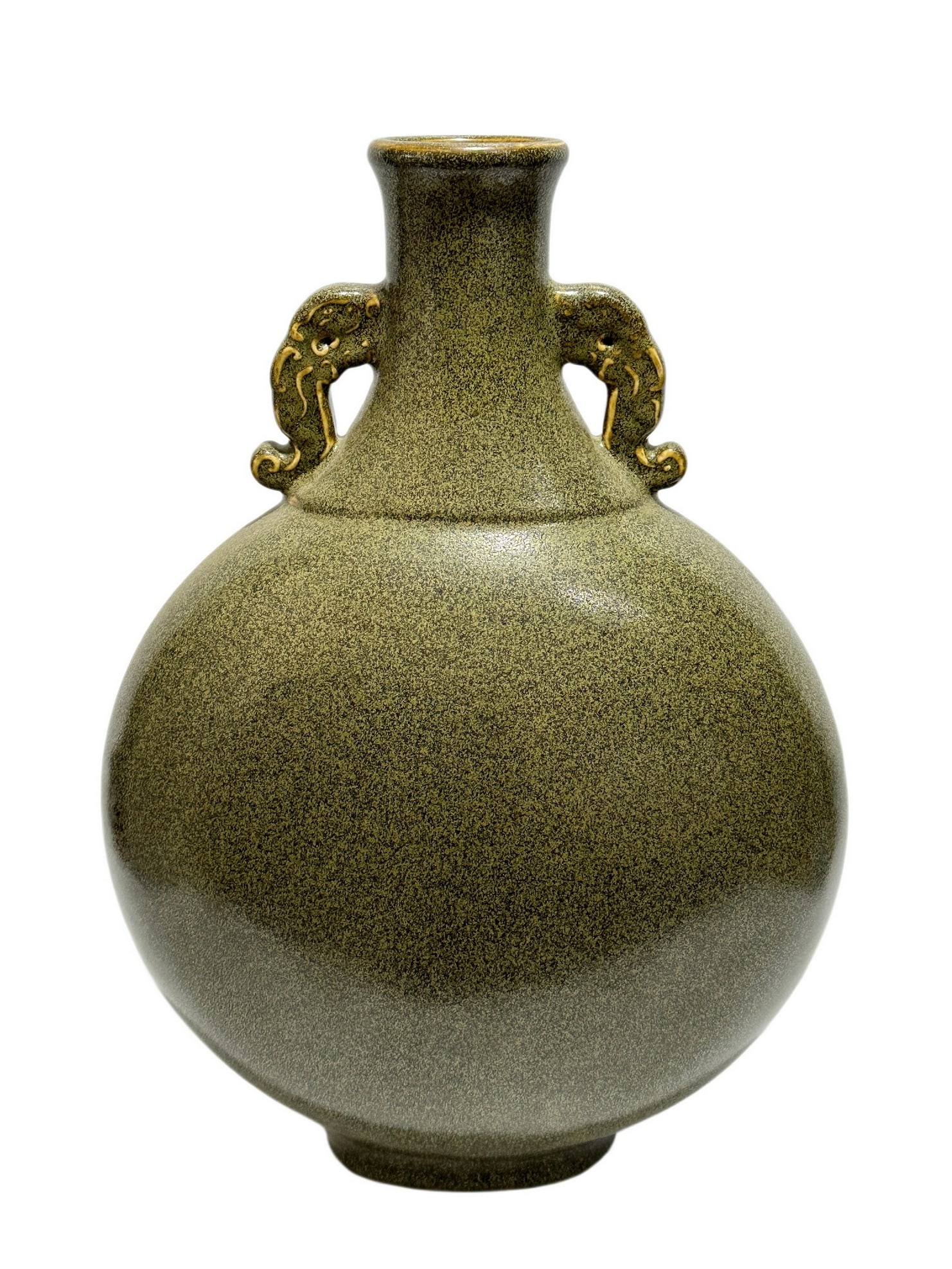 A Chinese teadust colour glaze double-handled moonflask vase, Qian Long Pr.: Size:(Height44.5cm, Mouth Diameter8cm) Shipping:EU\HK\USA Ondoor shipping estimation:135EUR Condition:(Good Condition, No Hairlines, No Cracks, No Repairment Checked by UV&Strong Light, Age Traces)