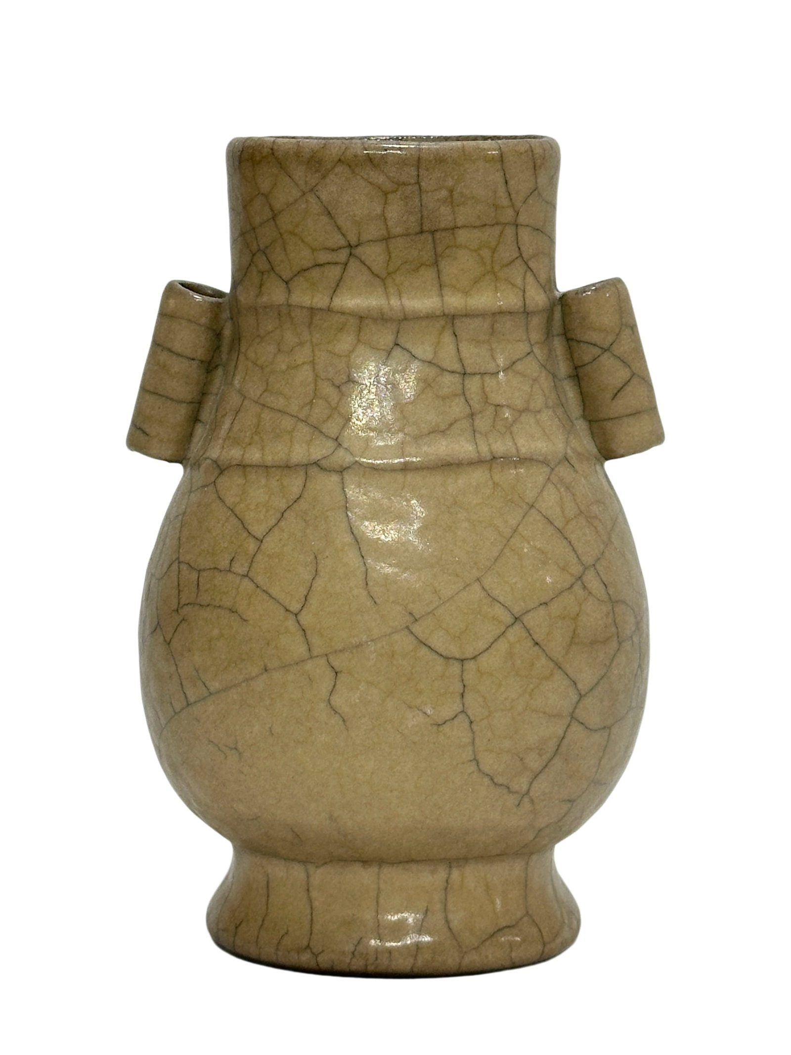 A Chinese yellow geware vase with double ears, Ming Dynasty Pr. or earlier. (1 of 8)