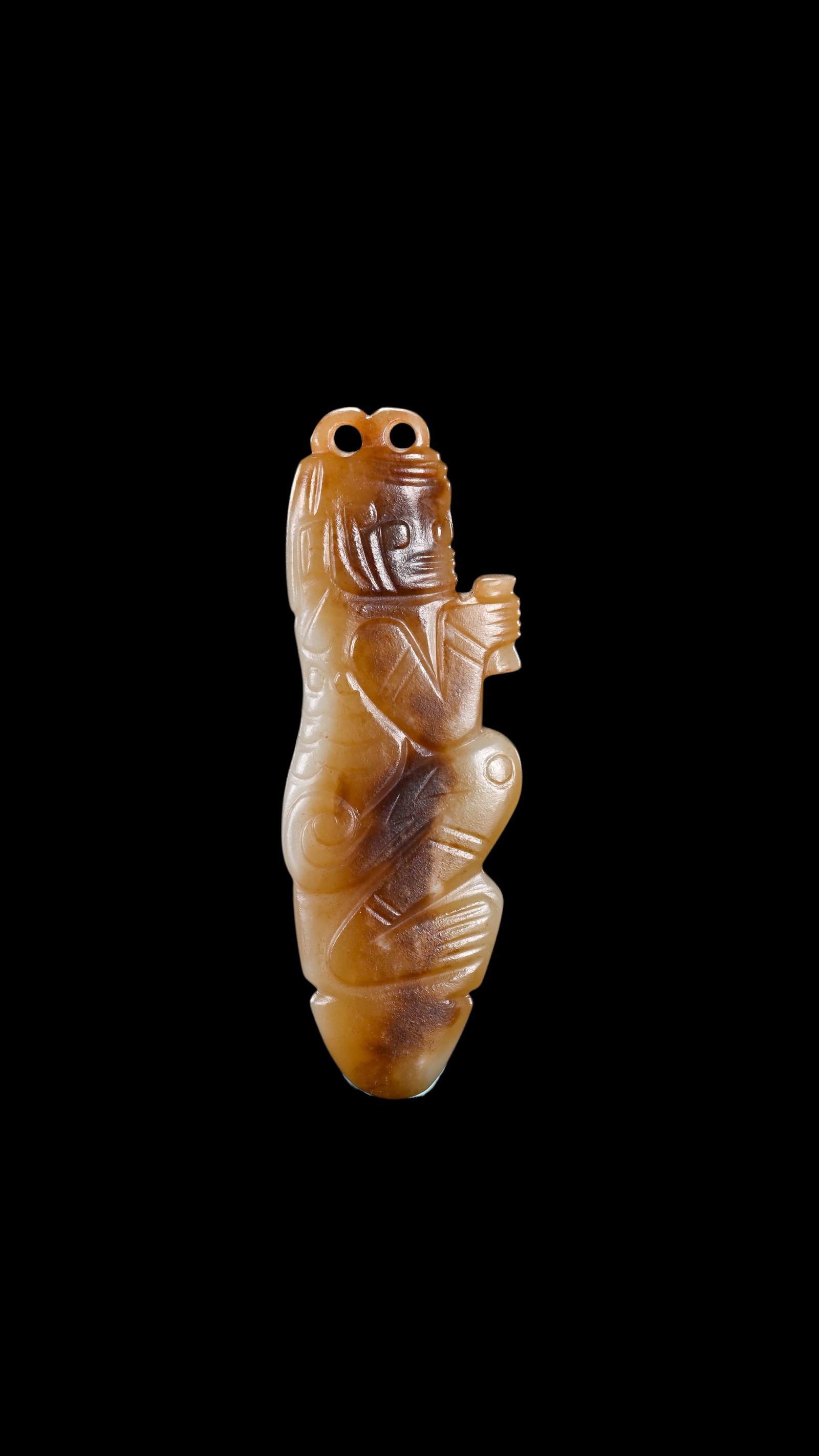 A Brown?Mottled Jade Kneeling Human?Figure Pendant with Dual Piercings at the Upper Edge, 11th?8th: Size:(Height7.2cm) Shipping:EU\HK\USA Ondoor shipping estimation:70EUR Condition:(Good Condition, No Repairment Checked by UV&Strong Light, Age Traces) Terms:(It is the Buyer's responsibility to