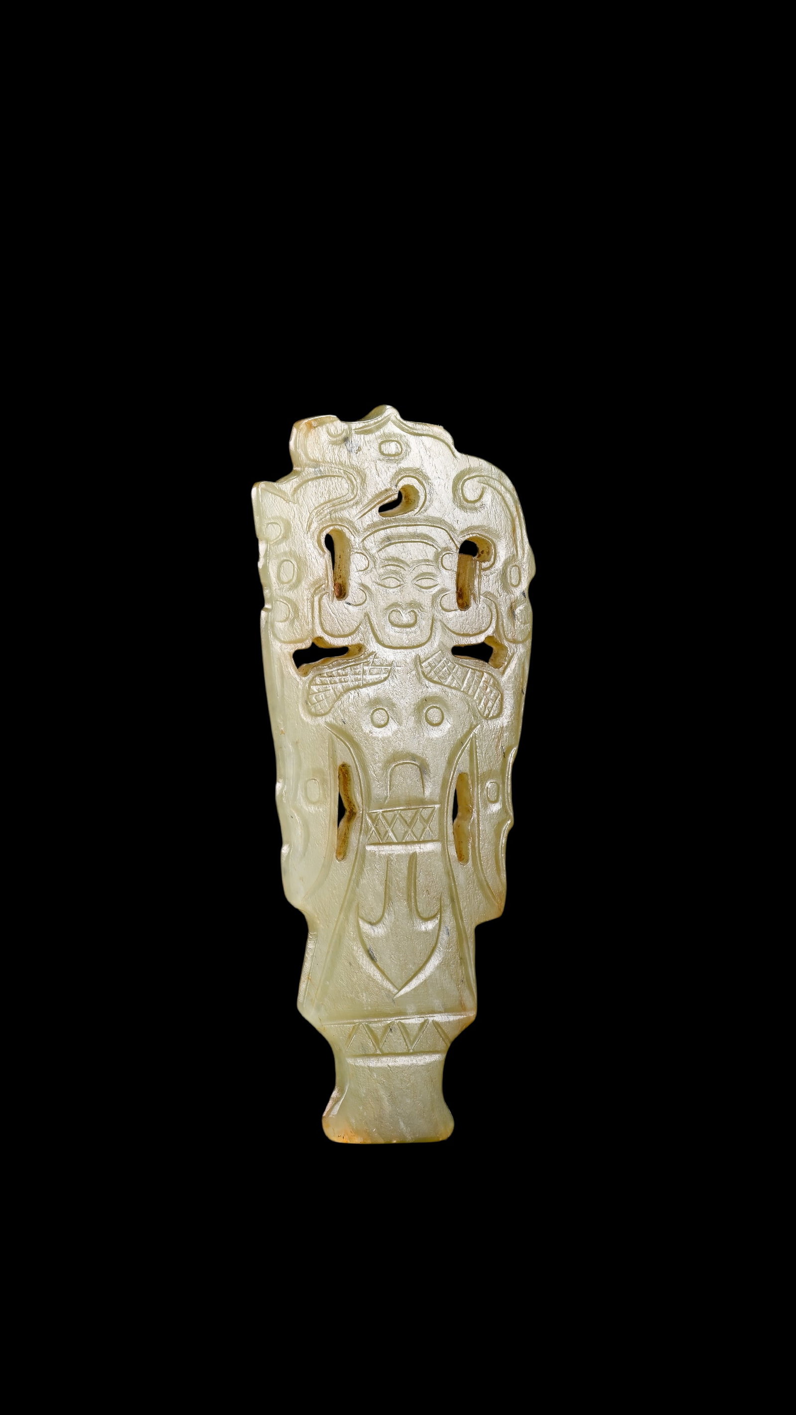 An Openwork Pale Celadon Jade Standing?Figure Pendant with Surrounding Phoenix?Dragon Scrolls, (1 of 7)