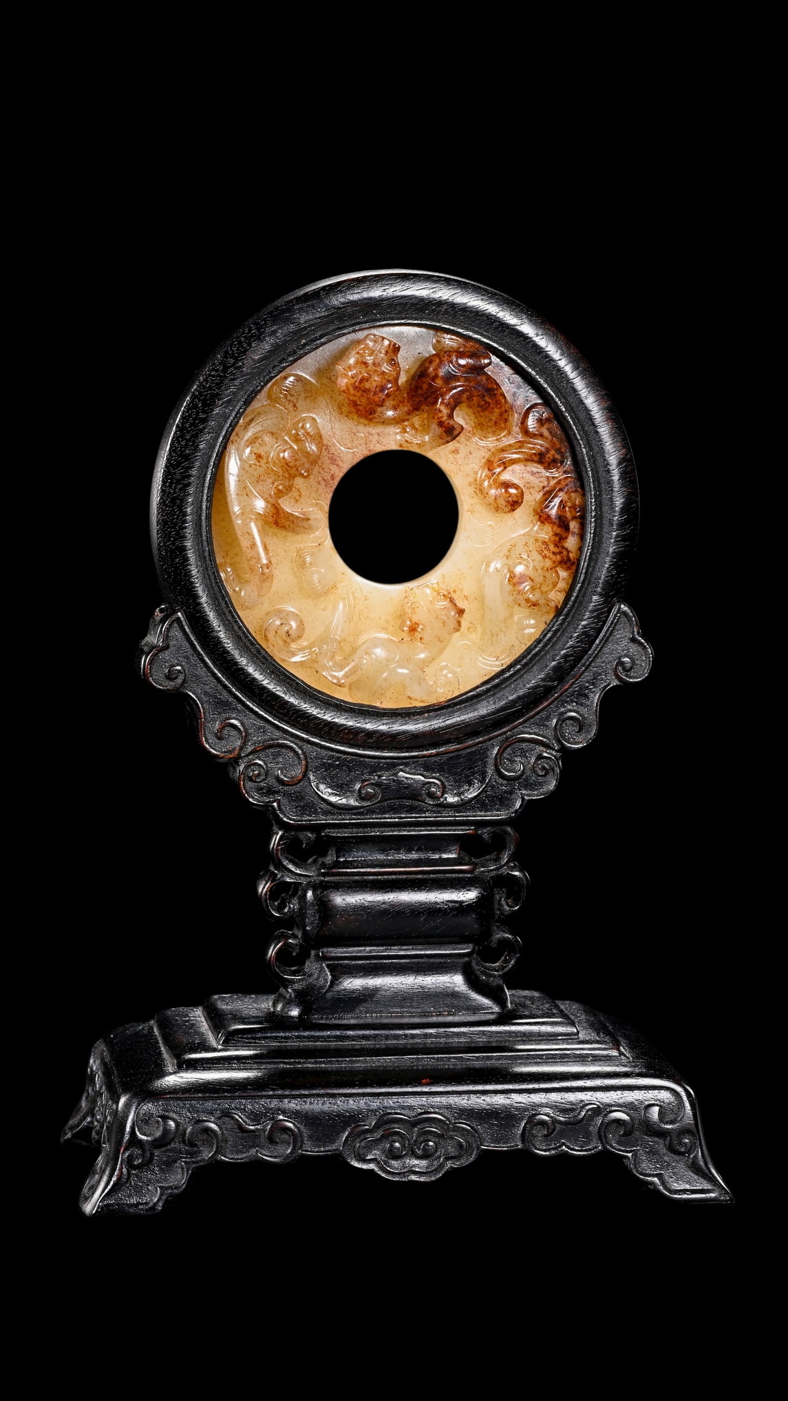 A Chinese Ancient Russet?Included Jade Bi Disc with Chilong, Fitted Wood Stand,: Size:(Height16cm) Shipping:EU\HK\USA Ondoor shipping estimation:150EUR Condition:(Good Condition, No Repairment Checked by UV&Strong Light, Age Traces) Terms:(It is the Buyer's responsibility to