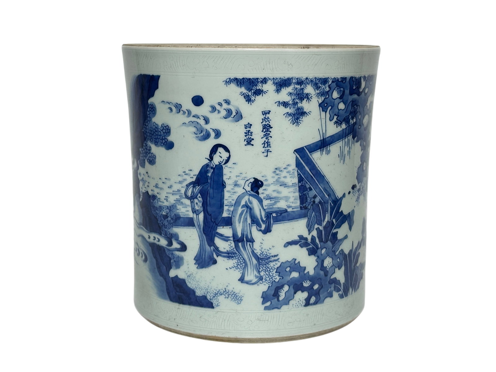 A large Chinese Blue and white brush pot, Kang Xi Pr.: Size:(Height21.8cm, Mouth Diameter20.8cm) Shipping:EU\HK\USA Ondoor shipping estimation:135EUR Condition:(Good Condition, No Hairlines, No Cracks, No Repairment Checked by UV&Strong Light, Age