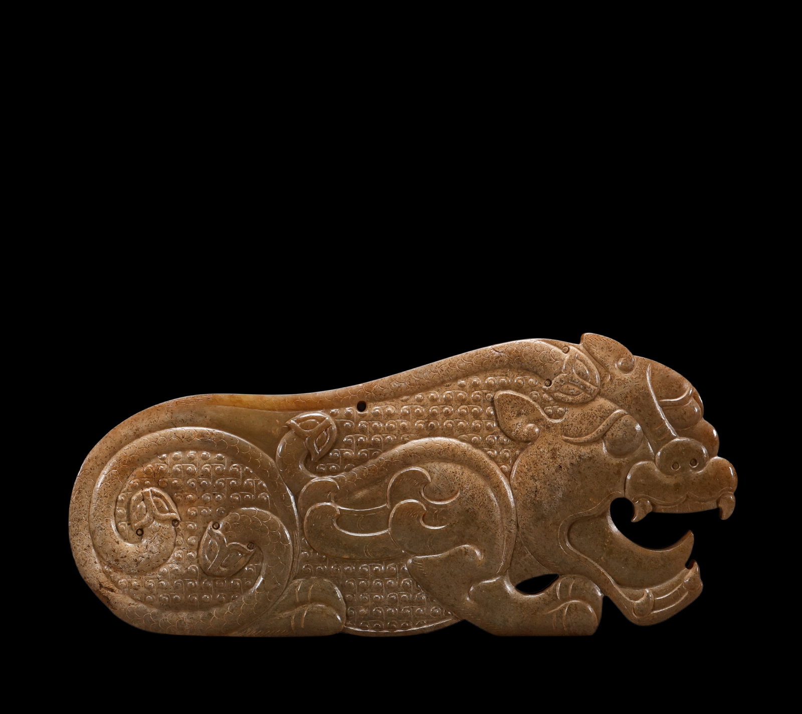 A Chinese Ancient Jade Tiger?Form Pendant, 5th?Century?BCE?3rd?Century?BCE Pr.: Size:(Height9.5cm Length21.5cm) Shipping:EU\HK\USA Ondoor shipping estimation:70EUR Condition:(Good Condition, No Repairment Checked by UV&Strong Light, Age Traces) Terms:(It is the Buyer's responsibi