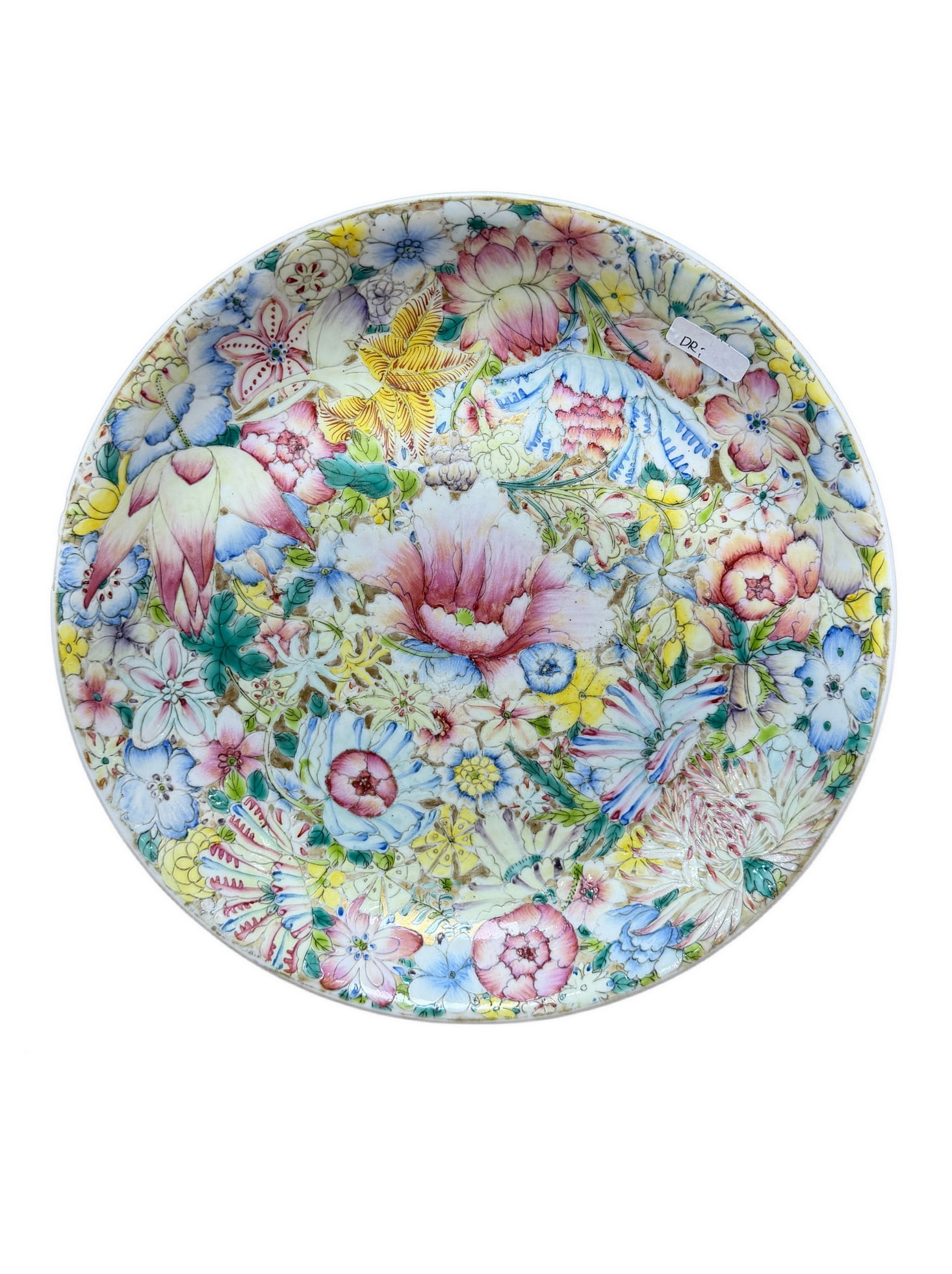 A Chinese Famille Rose decorated with full flowers, Qing Dynasty Pr.: Size:(Mouth Diameter24.5cm, Height4.2cm) Shipping:EU\HK\USA Ondoor shipping estimation:105EUR Condition:(Good Condition except minor chips, No Hairlines, No Cracks, No Repairment Checked by UV&Strong 