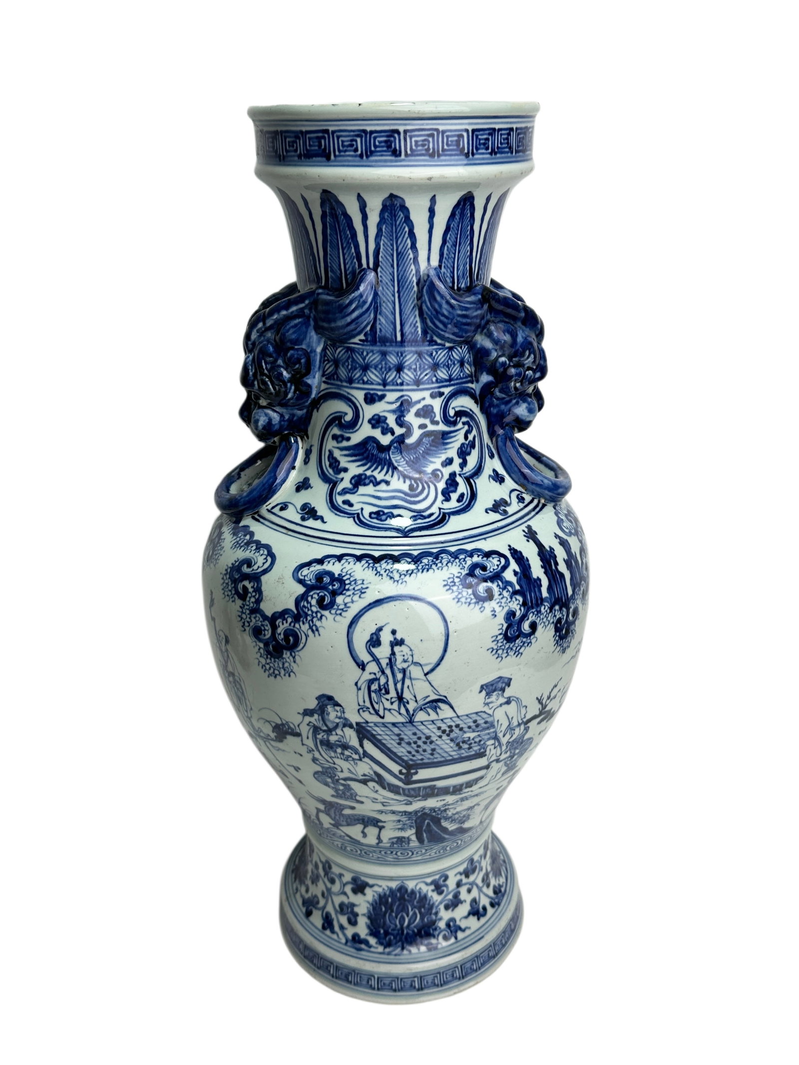 A Large Chinese Blue-and-white vase with double ears, Ming Dynasty Pr. or earlier.: Size:(Height63.5cm, Mouth Diameter17.5cm) Shipping:EU\HK\USA Ondoor shipping estimation:135EUR Condition:(Good Condition, No Hairlines, No Cracks, No Repairment Checked by UV&Strong Light, Age Traces)