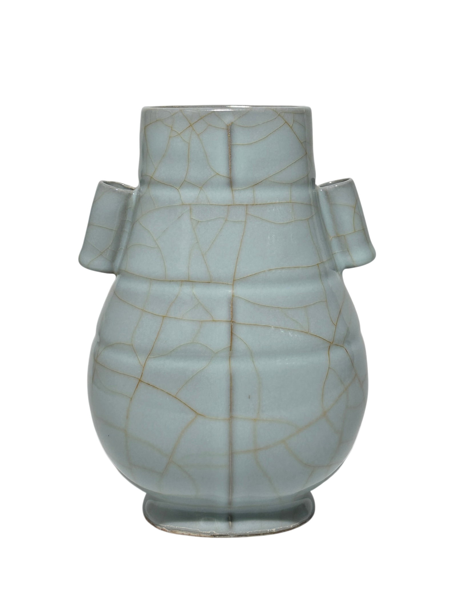 A Chinese guan ware vase with double ears, Ming Dynasty Pr. or earlier.: Size:(Height20.7cm, Mouth Diameter8.5cm) Shipping:EU\HK\USA Ondoor shipping estimation:115EUR Condition:(Good Condition, No Hairlines, No Cracks, No Repairment Checked by UV&Strong Light, Age Traces)