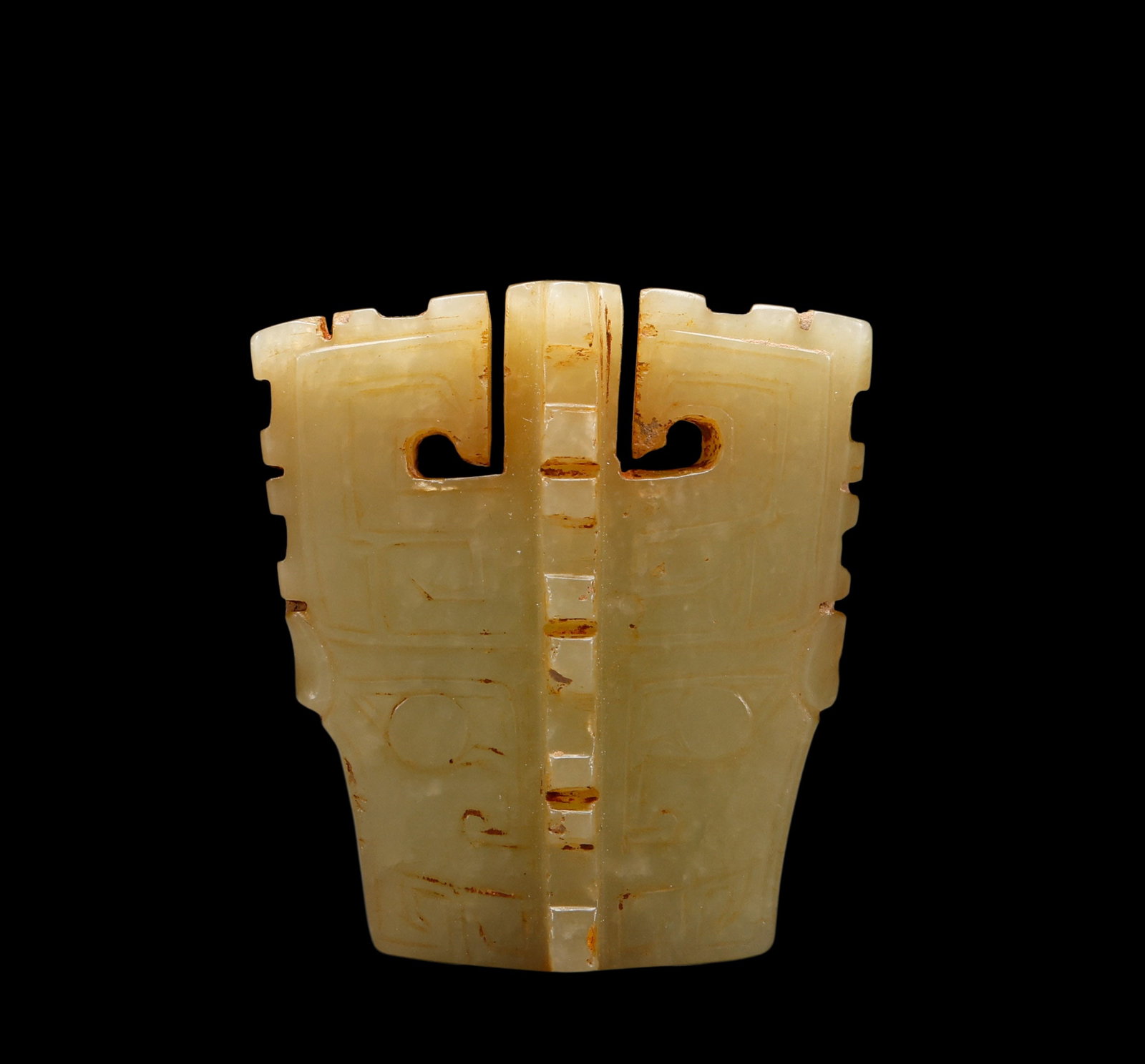 A Pale Yellow Jade Taotie?Mask Openwork Pendant with Incised Archaic Geometric Motifs, 16th?11th BCE: Size:(Height5cm Width4.6cm) Shipping:EU\HK\USA Ondoor shipping estimation:70EUR Condition:(Good Condition, No Repairment Checked by UV&Strong Light, Age Traces) Terms:(It is the Buyer's