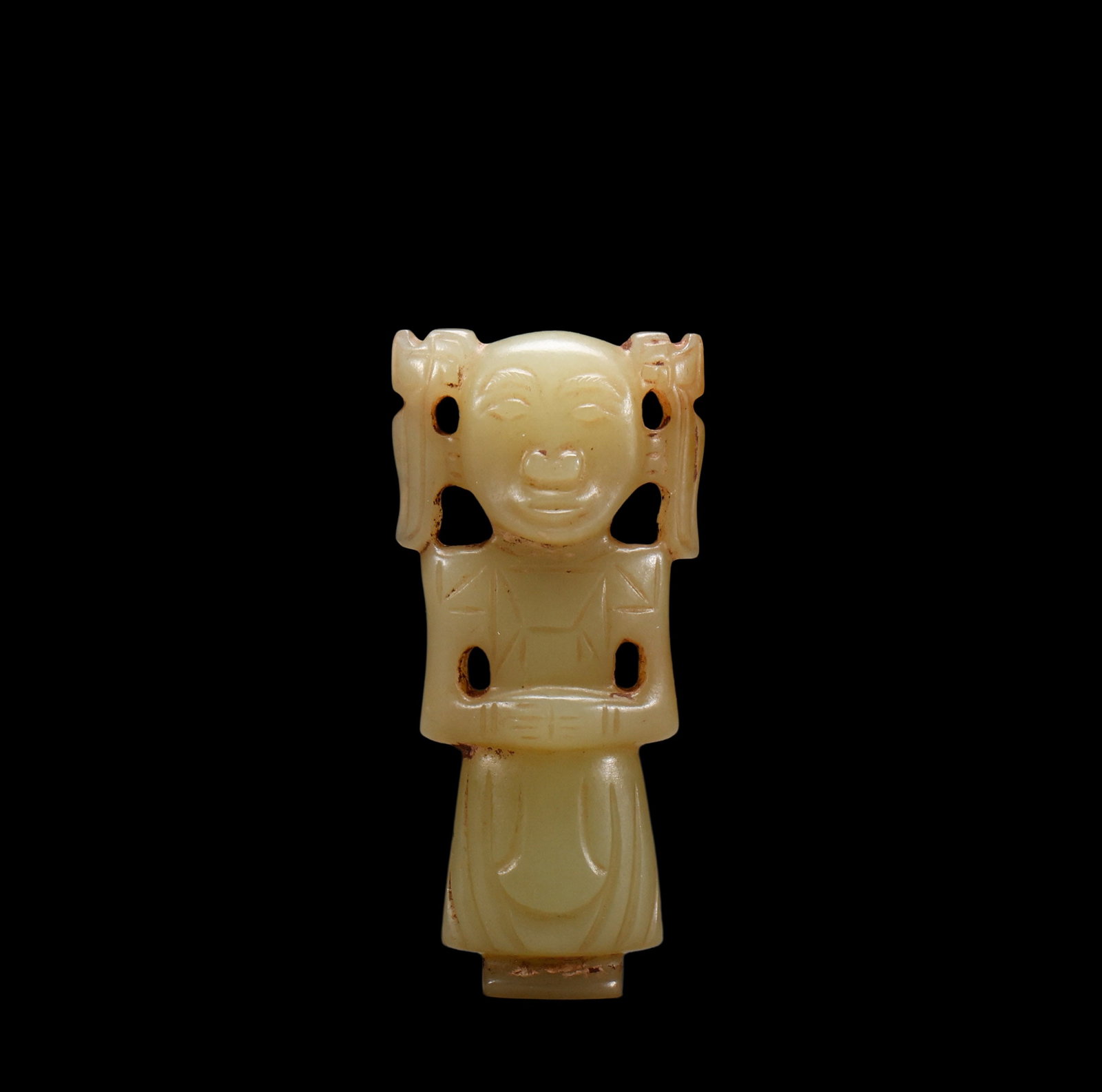 A Pale Yellow?Green Jade Standing Human?Figure Pendant with Openwork Ornamental Headdress, 16th?11th: Size:(Height5.5cm Length11.5cm) Shipping:EU\HK\USA Ondoor shipping estimation:70EUR Condition:(Good Condition, No Repairment Checked by UV&Strong Light, Age Traces) Terms:(It is the Buyer's