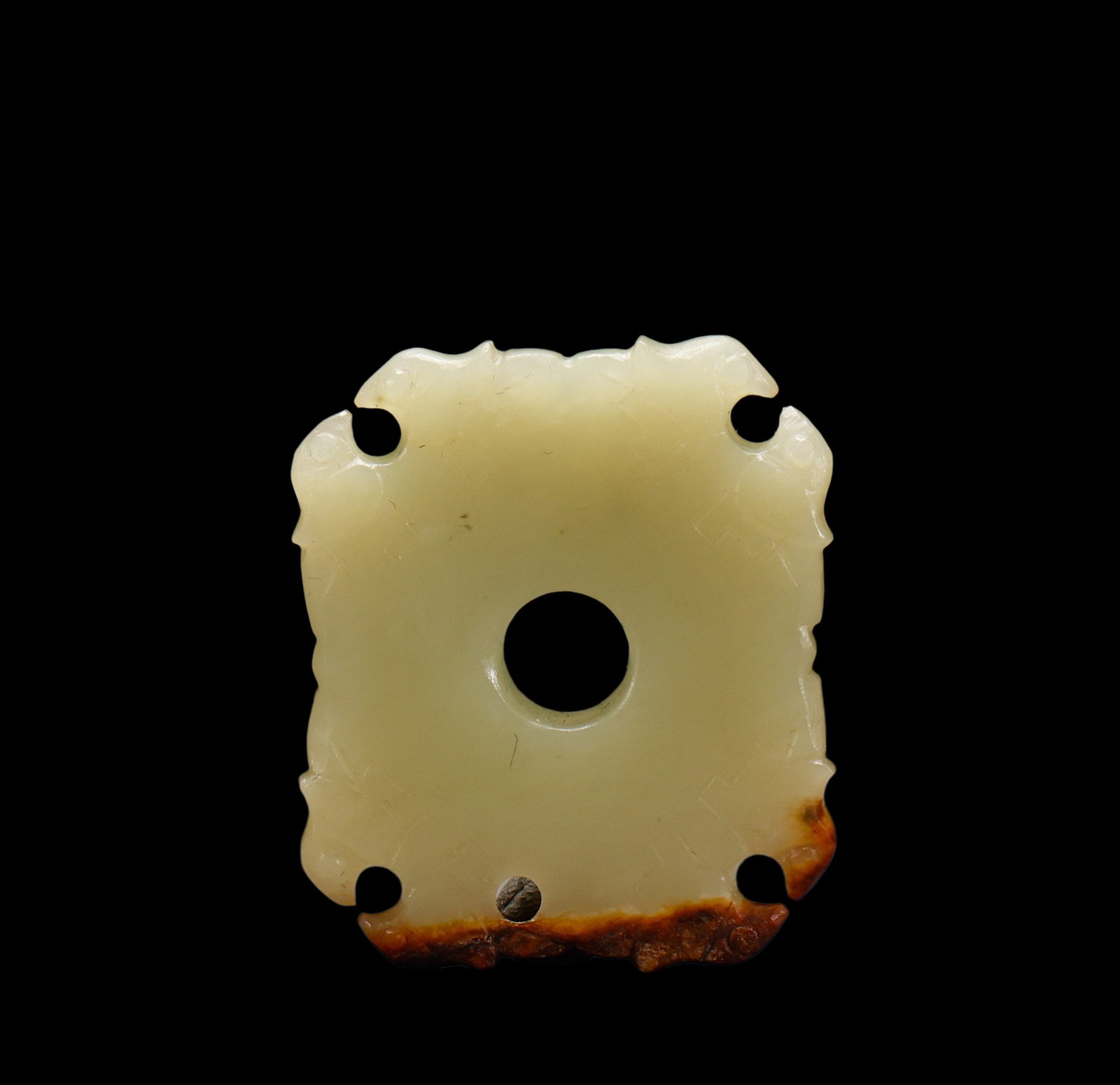 A Square?Form Pale Celadon Jade Bi Plaque with Animal?Head Protrusions and Partial Russet Skin,: Size:(Height4.2cm Width3.7cm) Shipping:EU\HK\USA Ondoor shipping estimation:70EUR Condition:(Good Condition, No Repairment Checked by UV&Strong Light, Age Traces) Terms:(It is the Buyer's