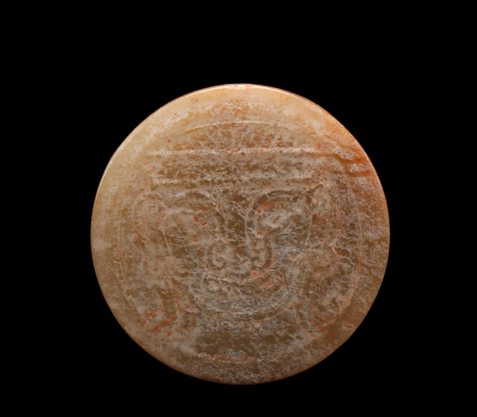 A Chinese Ancient Circular Jade Plaque with Mask Motif, 17th?Century?BCE?11th?Century?BCE Pr.: Size:(Width3.5cm) Shipping:EU\HK\USA Ondoor shipping estimation:70EUR Condition:(Good Condition, No Repairment Checked by UV&Strong Light, Age Traces) Terms:(It is the Buyer's responsibility to