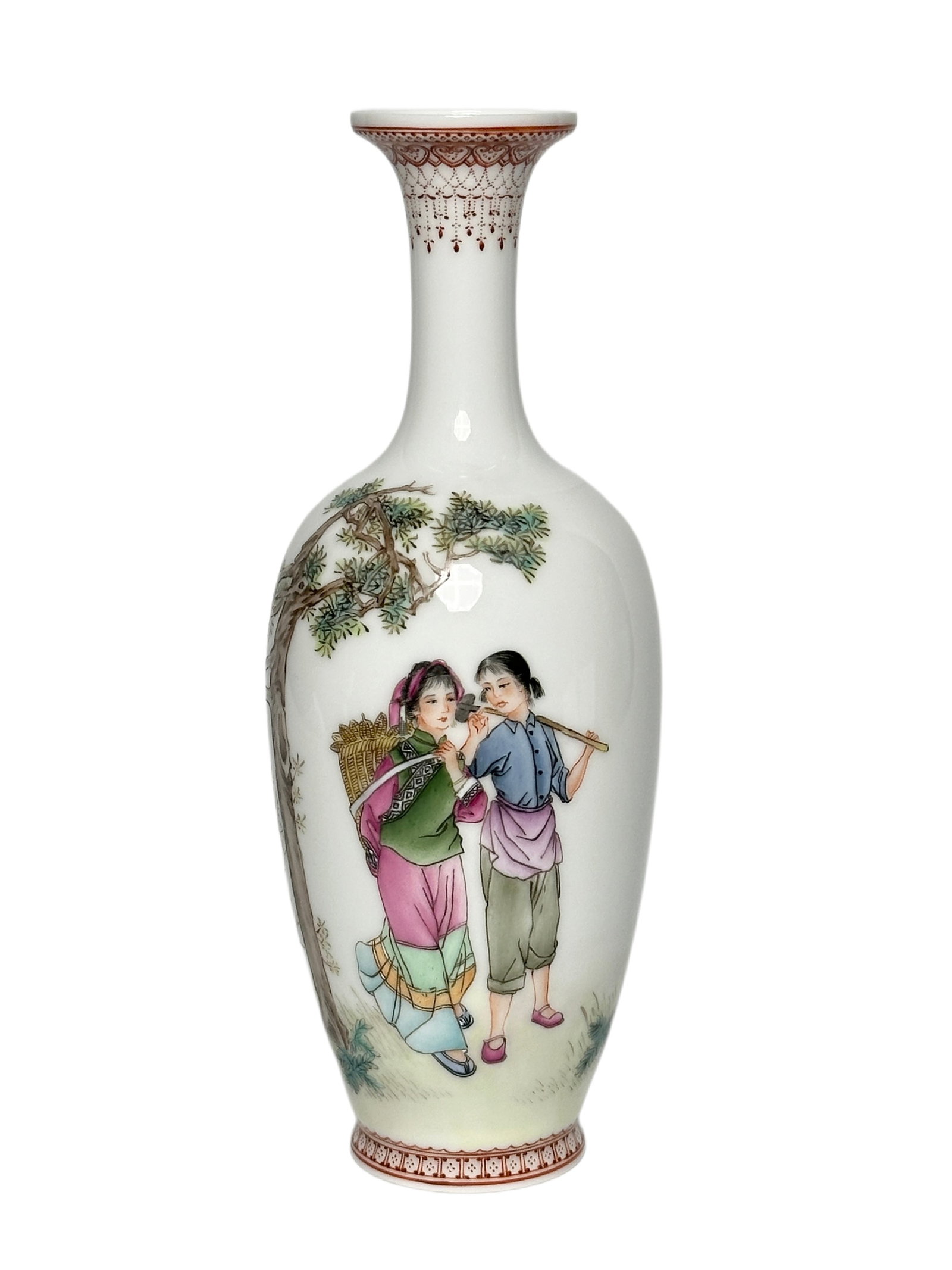 A Chinese Famille Rose figure vase, 1970's Pr.: Size:(Height20.5cm, Mouth Diameter4.3cm) Shipping:EU\HK\USA Ondoor shipping estimation:115EUR Condition:(Good Condition, No Hairlines, No Cracks, No Repairment Checked by UV&Strong Light, Age Traces) 